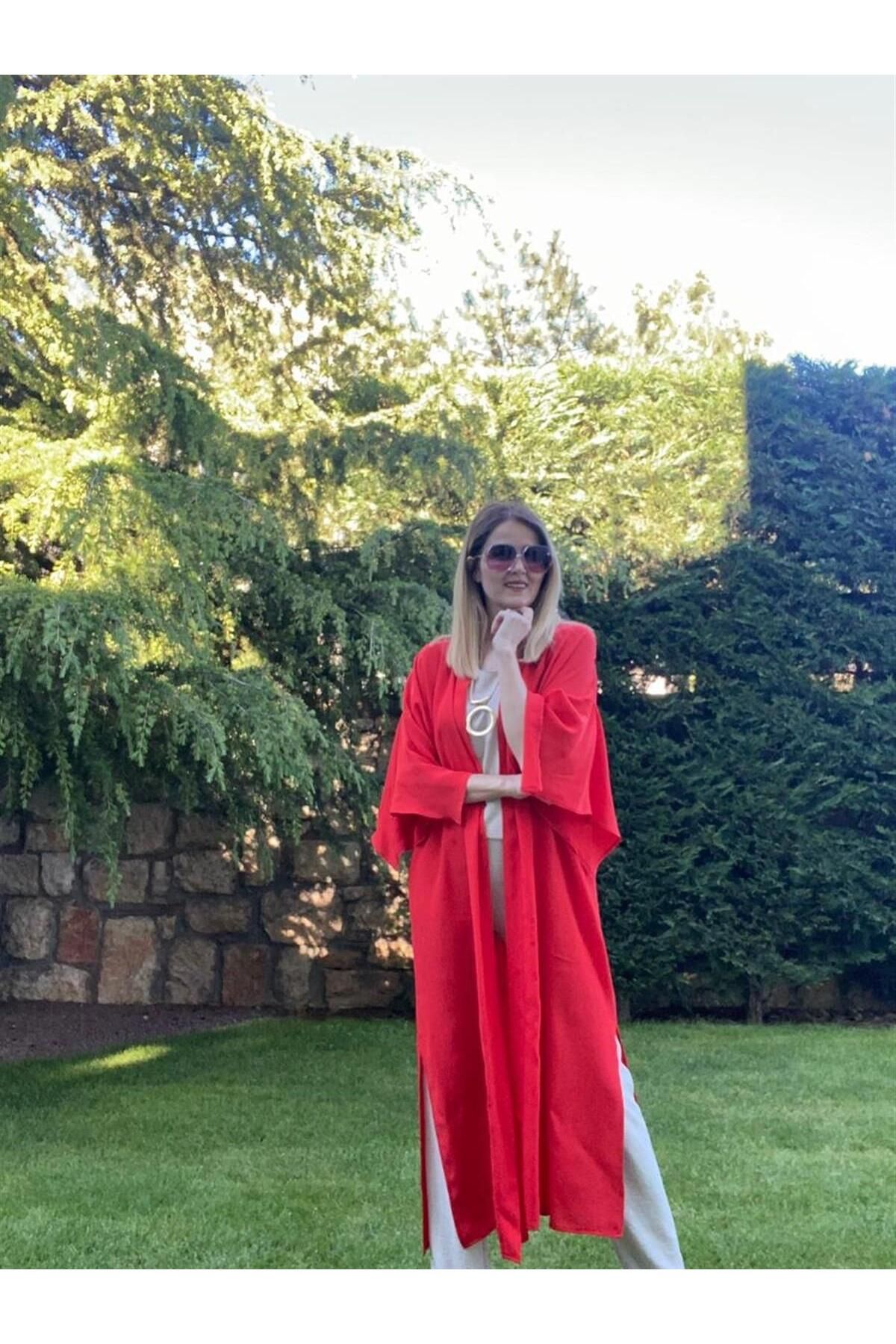 Fashion Garden By_Que Kırmızı Yarasa Kol Kimono