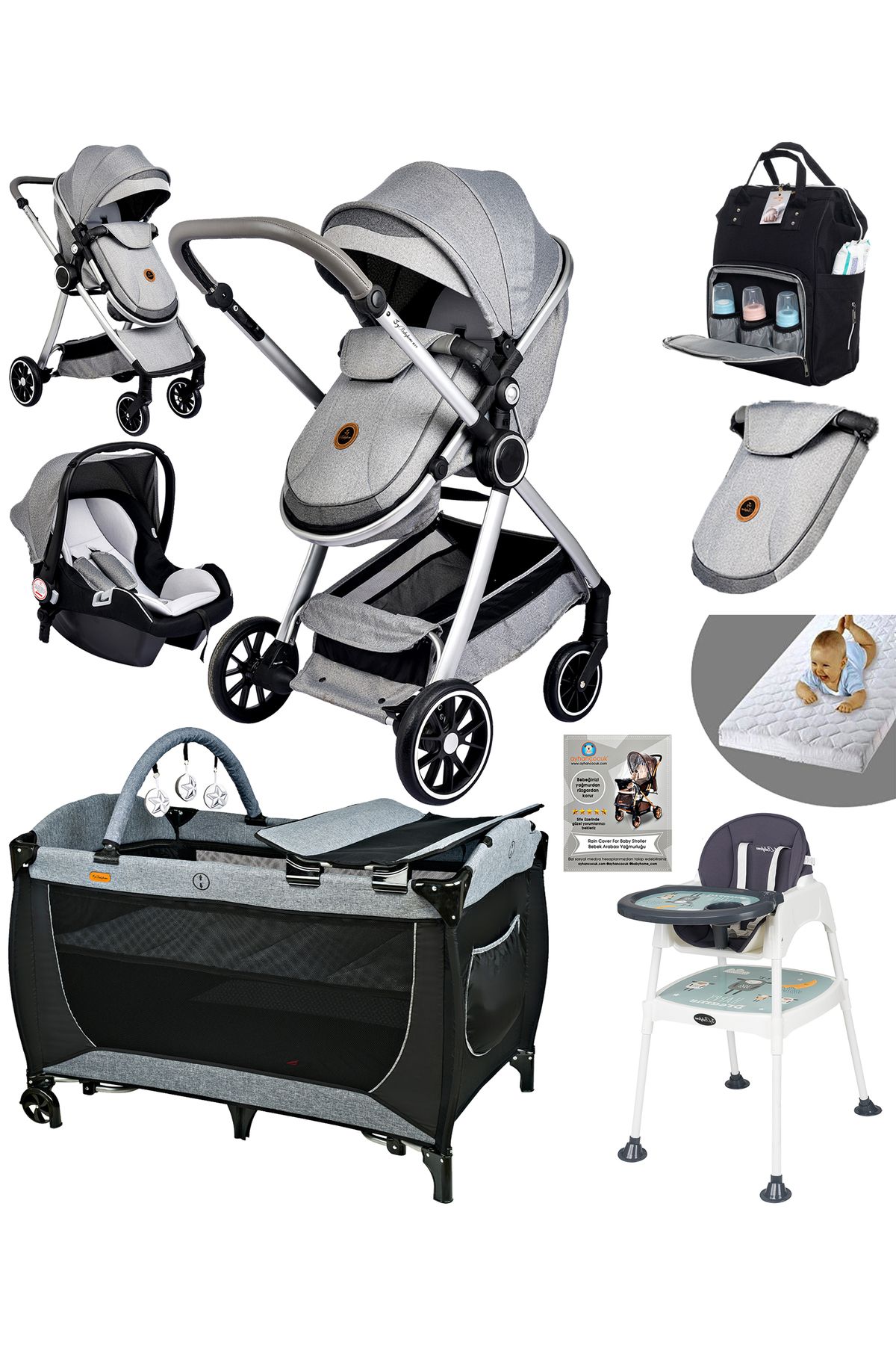 Baby Home 9 In 1 Full Takım Set 990 Travel Sistem Bebek Arabası 560 Oyun Parkı Yatak Beşik Ve Mama Sandalyesi