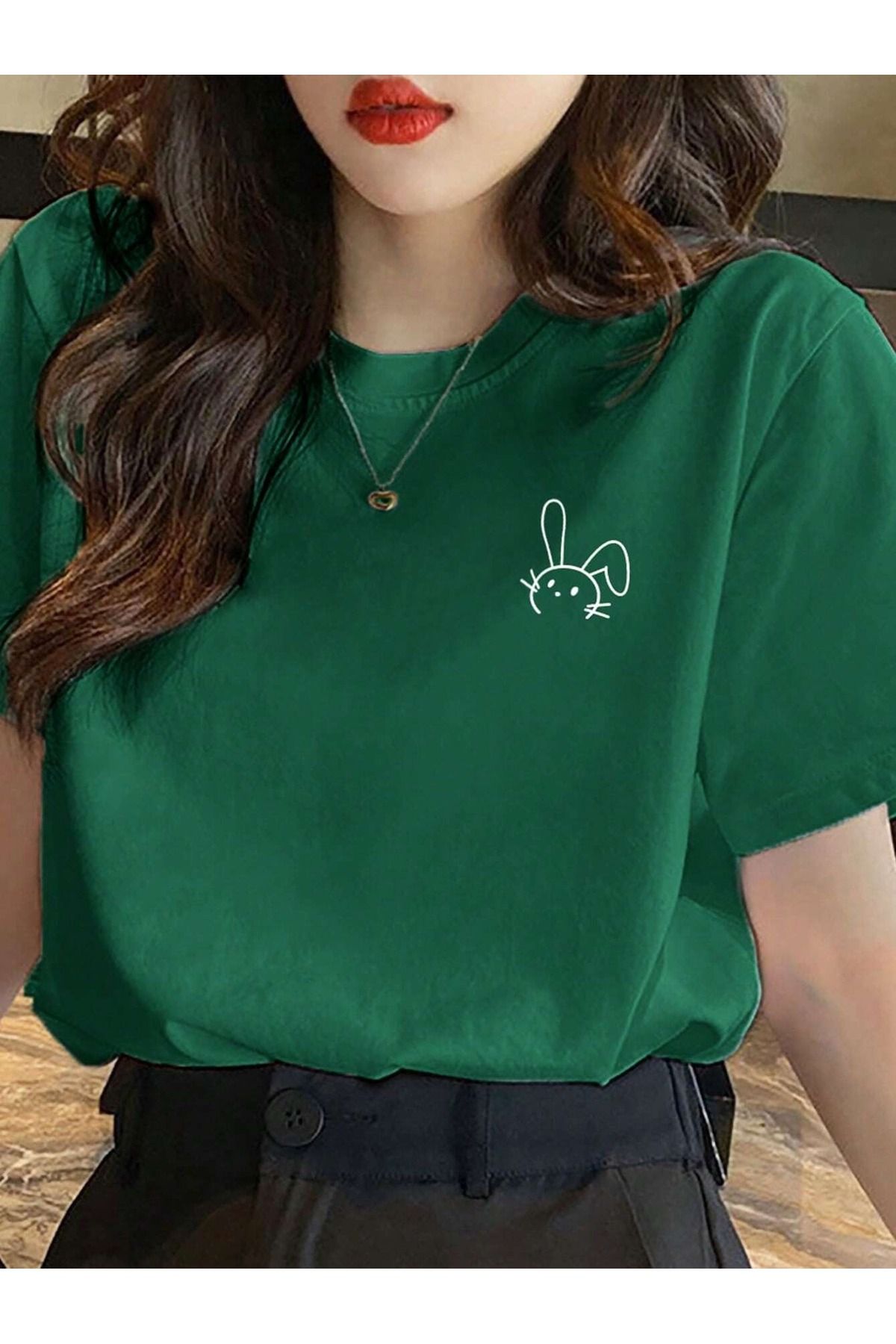 PALPİTO Kadın Nefti Yeşili Figür Tavşan Baskılı Oversize T-Shirt