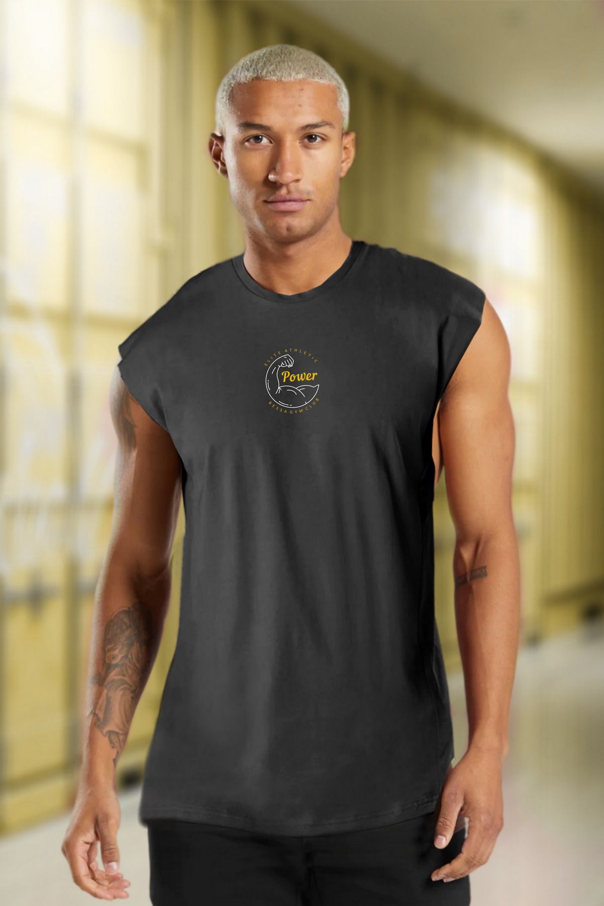 BESSA Erkek Elite Athletic Baskılı Füme Oversize Bisiklet Yaka Pamuklu Kolsuz T-shirt/atlet