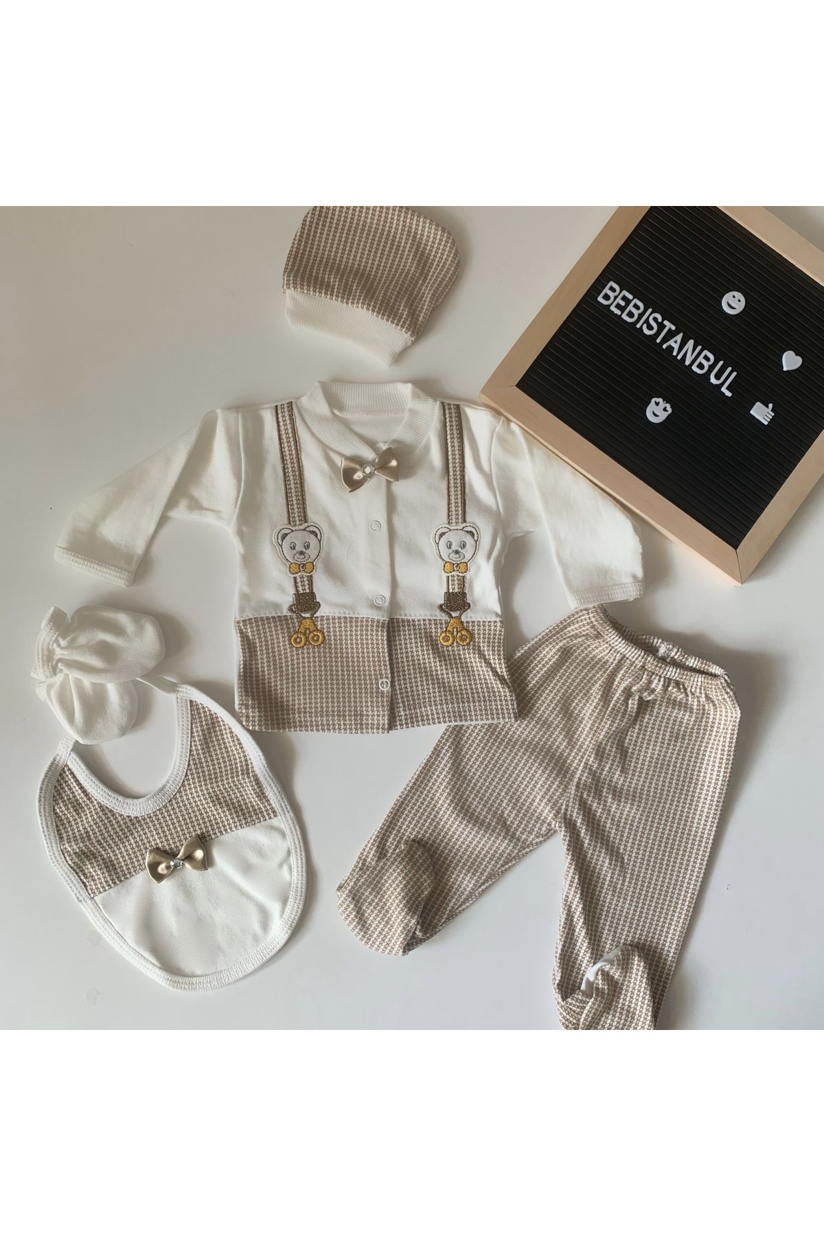 NECİXX (KUTULU) Ayıcıklı Kahve Papyonlu Yenidoğan Kıyafetleri Bebek Kıyafetleri 5’li Hastahane Çıkış Seti