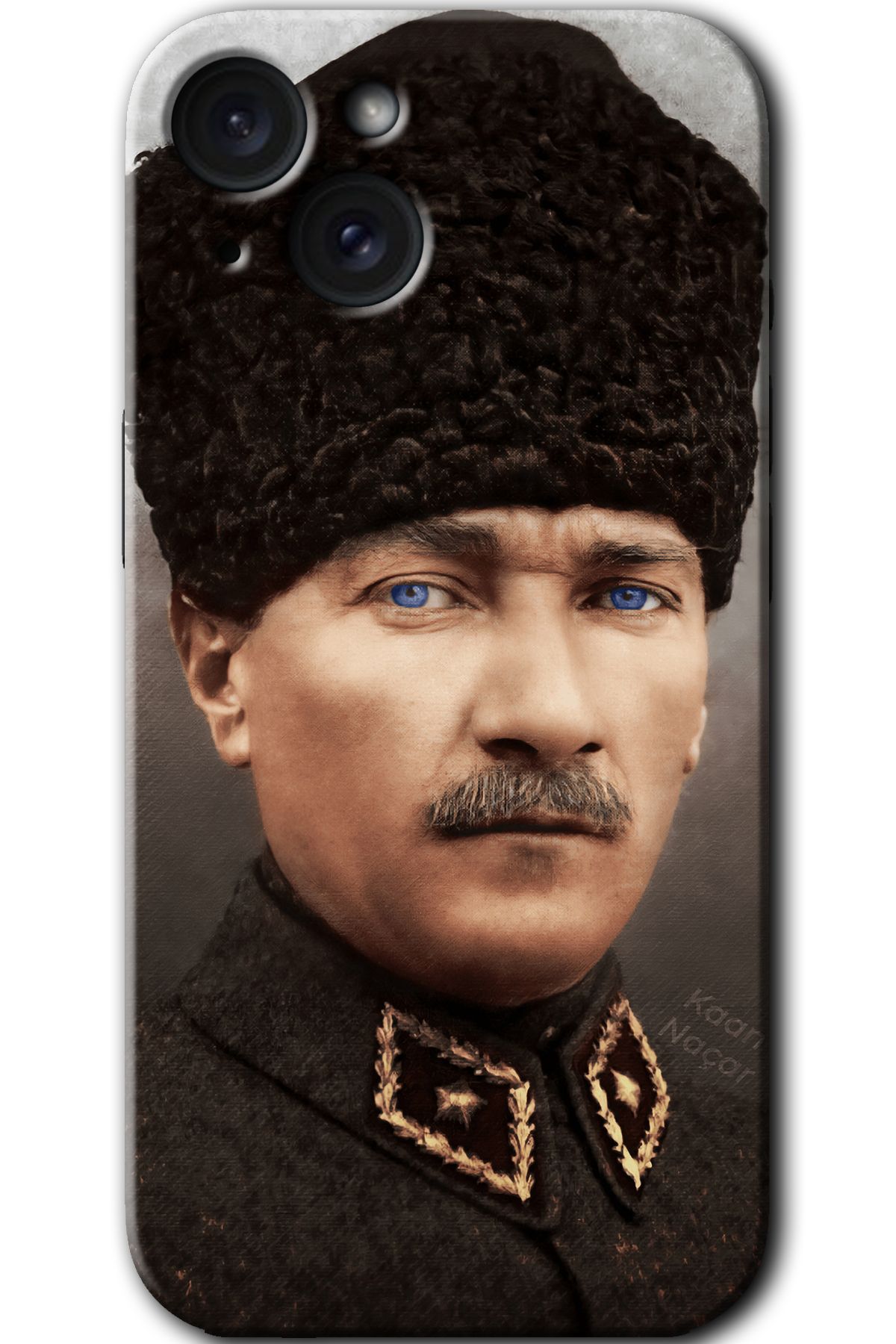 Gramaphone iPhone 15 Uyumlu Kılıf HD Desen Baskılı Arka Kapak + Kırılmaz Cam - Başkomutan Atatürk