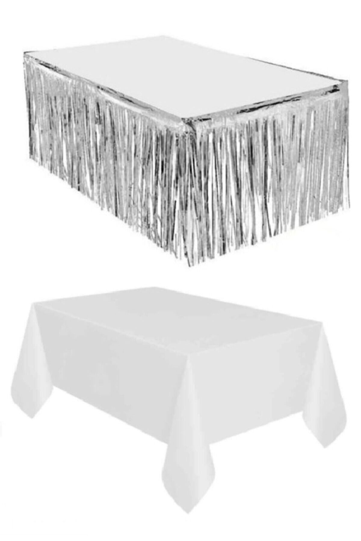 Dipak Gümüş Metalize Masa Eteği 90×350 Cm Tek Kullanımlık Plastik Beyaz Masa Örtüsü 120×180 Cm