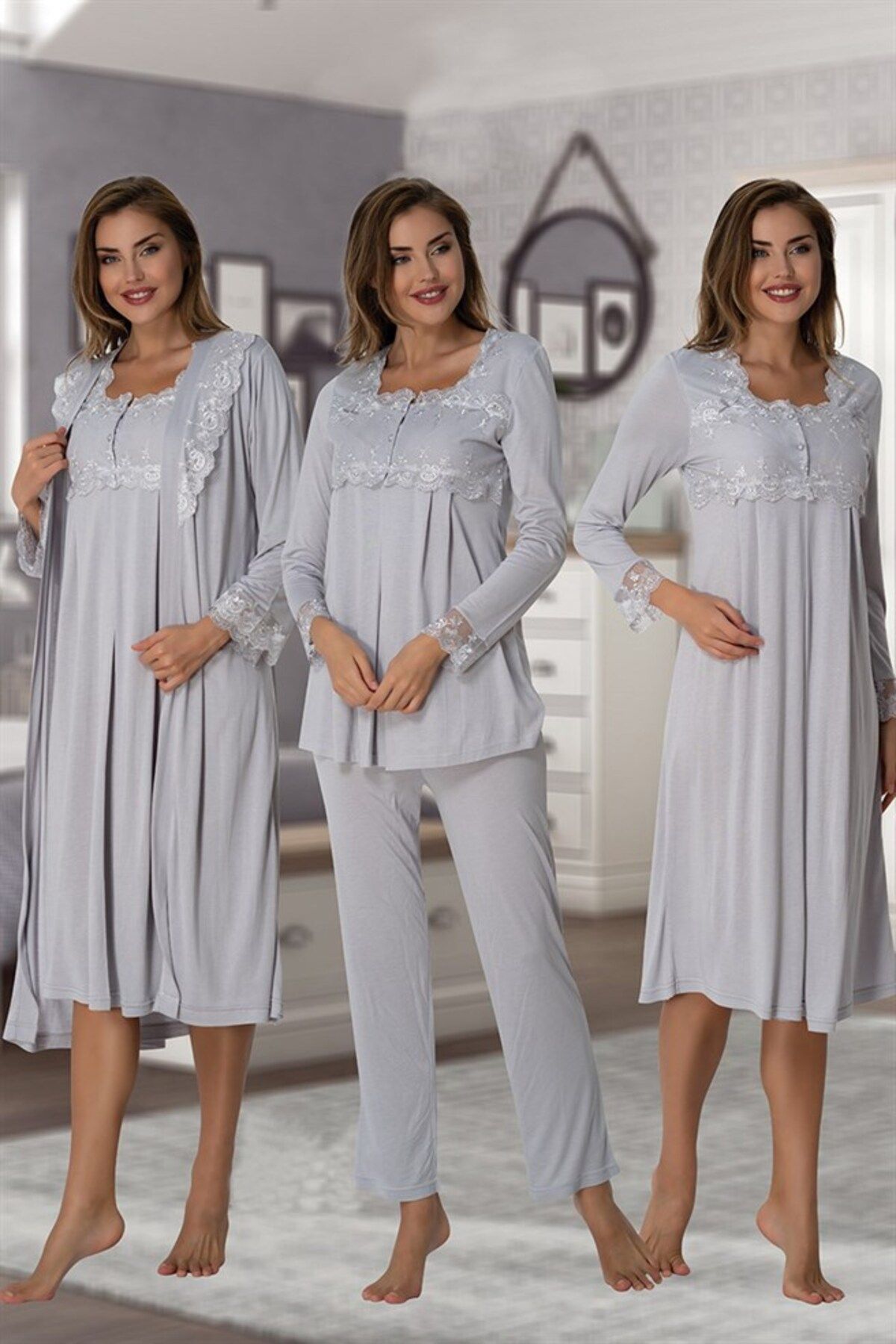 BLACKMORE Kadın Gri Dantelli Uzun Kollu Hamile Lohusa Sabahlıklı Pijama Takım ve Gecelik 4'lü Set