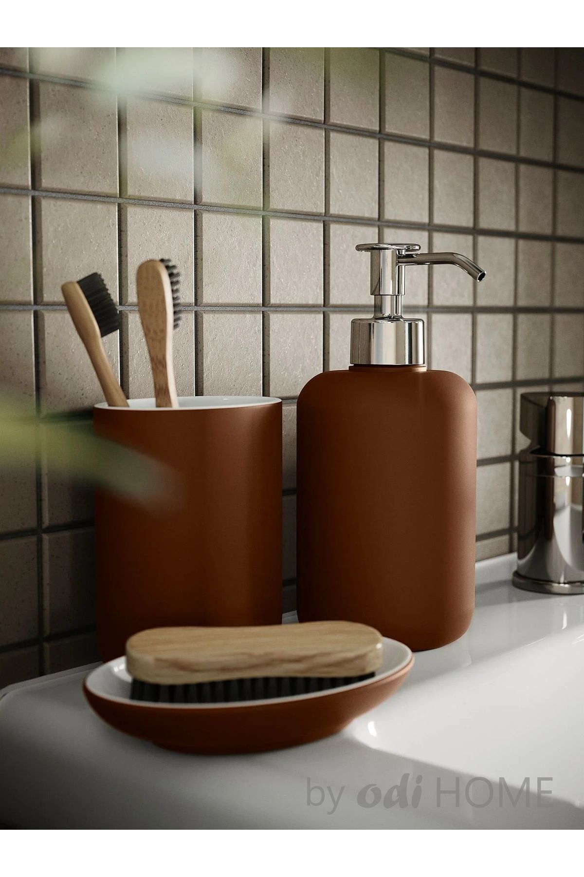 IKEA 3'lü Banyo Seti - Sıvı Sabunluk, Fırçalık, Katı Sabunluk - Stoneware Kahverengi