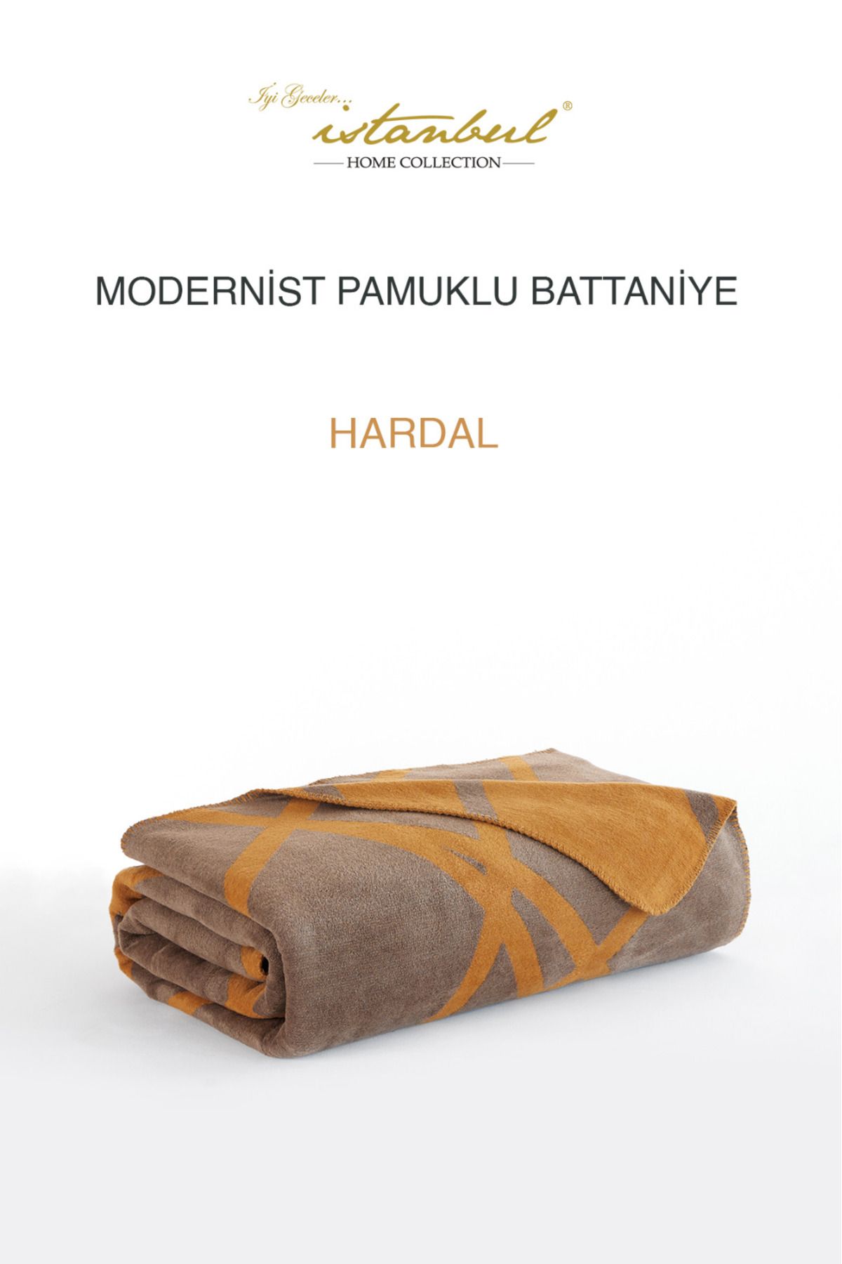 İyi Geceler İstanbul Çift Kişilik Pamuklu Battaniye Modernist Hardal