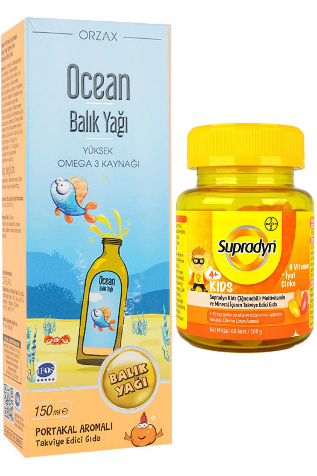 Ocean Omega 3 Portakallı Balık Yağı Şurup 150ml + Supradyn Kids 60 Çiğnenebilir Tablet