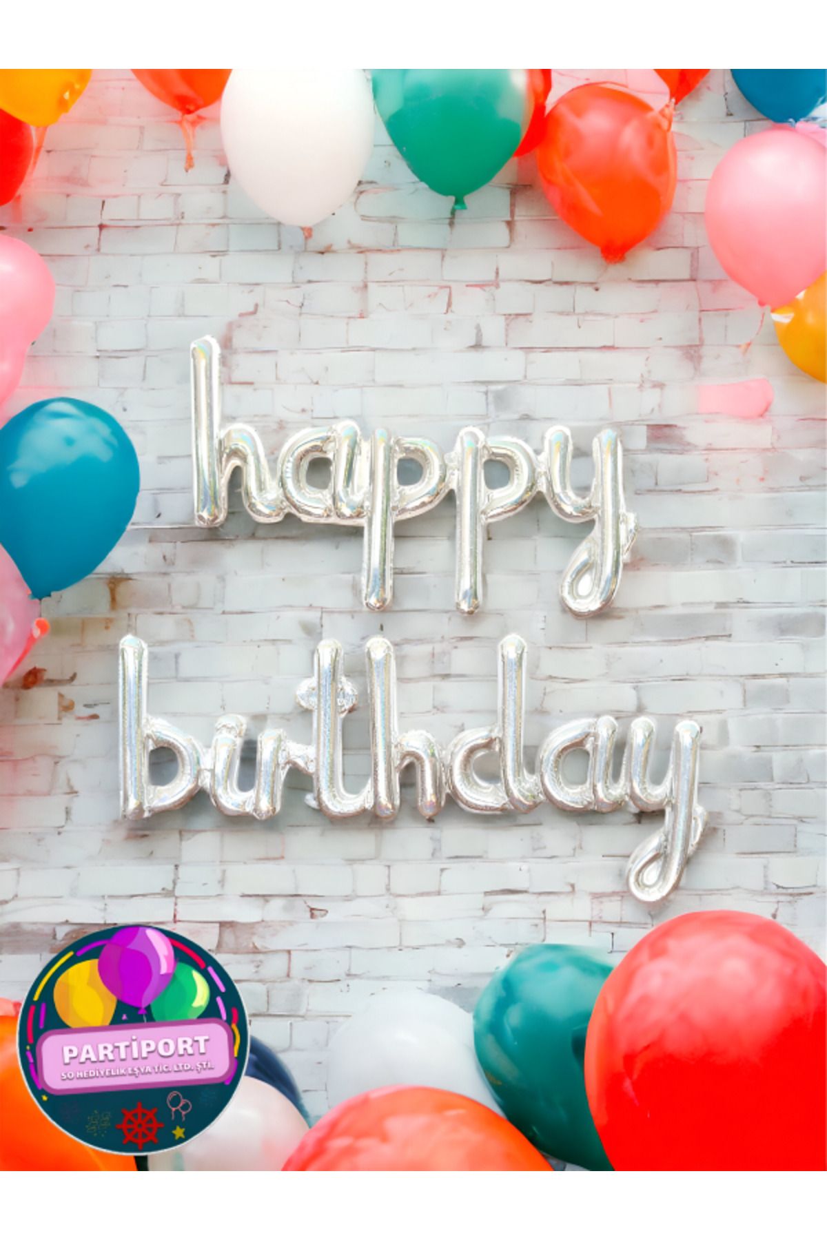 PARTİPORT Happy Birthday Yazılı El Yazısı Gümüş Renk Folyo Balon