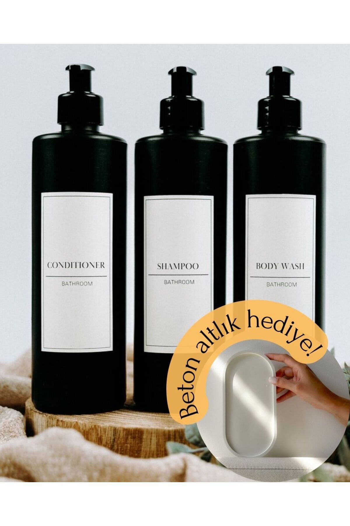 Sıcak Atölye Mat Siyah Minimal - 3'lü Şampuan ve Duş Jeli Plastik Şişe 250 ml - Pompalı Plastik Şişe Banyo Seti