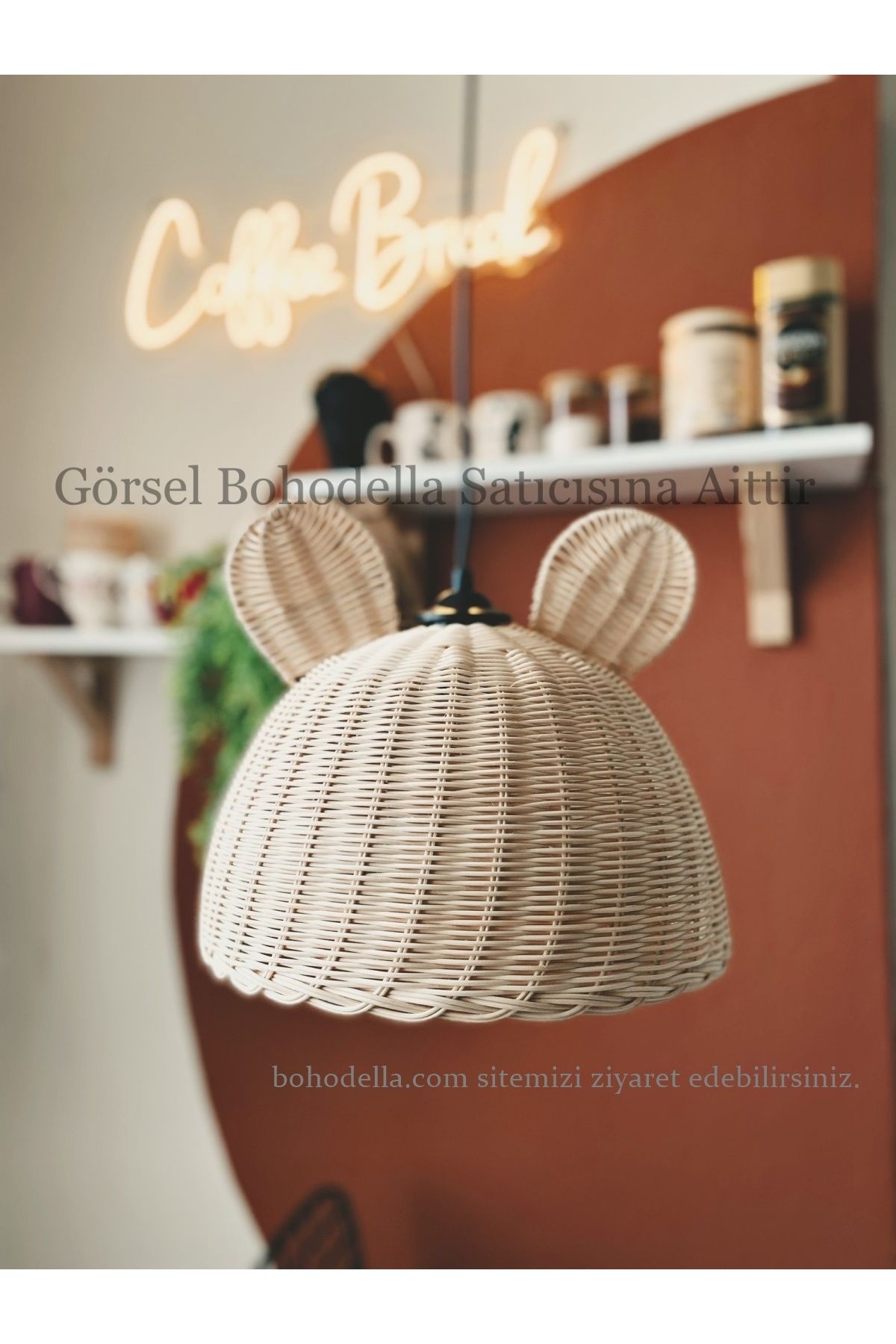 Veneris Design Çocuk Odası Avizesi, Rattan Bambu Hasır Avize, Kulaklı Avize