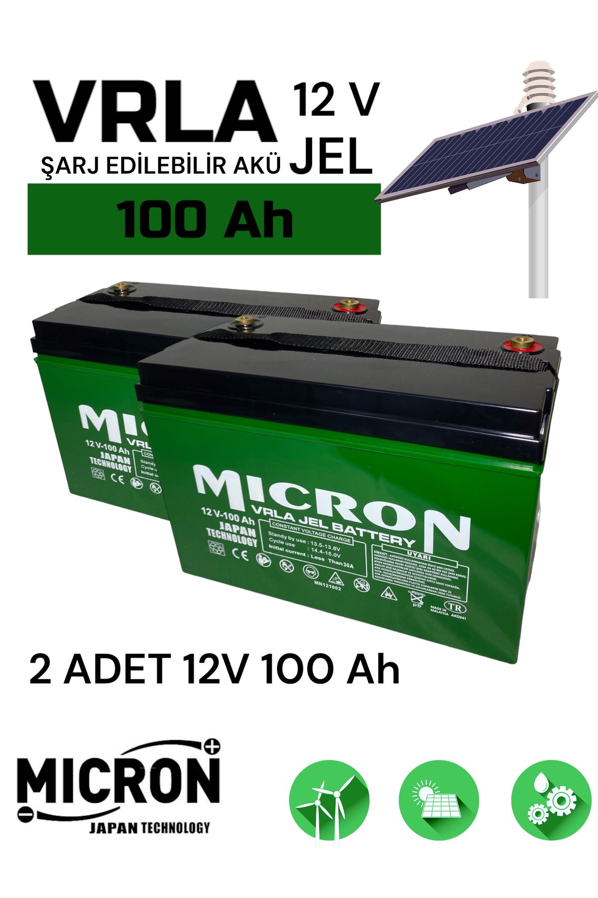 Micron 2 Adet 12v 100 Ah Japon Teknoloji Malezya Üretimi Vrla Jel Akü Akü (BATARYA, PİL)