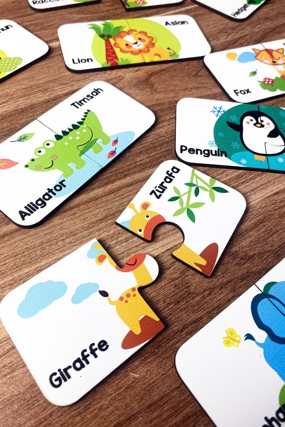 Enjoymydesign Ahşap Iki Parçalı Eşleştirme Oyunu Türkçe Ingilizce Hayvanlar Okul Öncesi Bebek Eğitici Oyuncak
