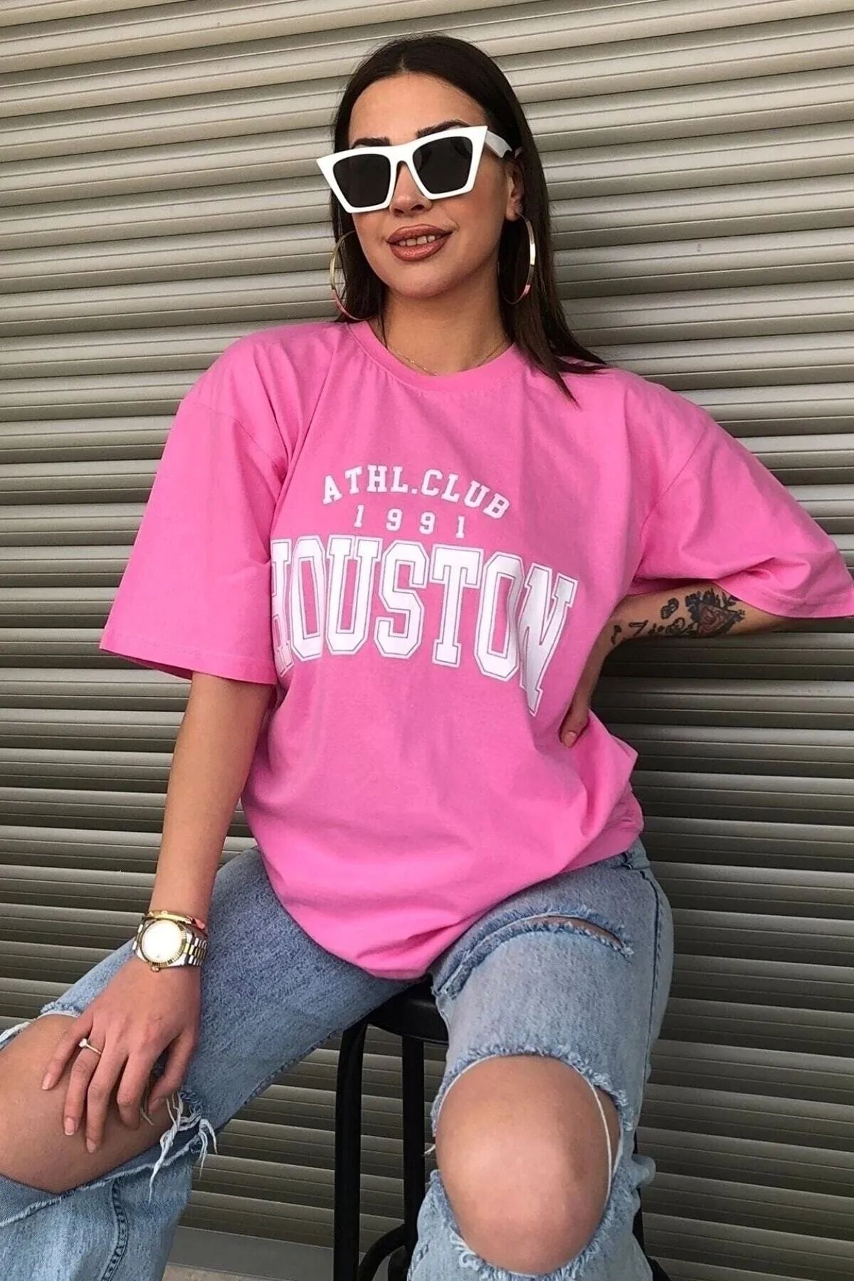EgeModa Kadın Pembe Houston Baskılı Oversize T-shirt