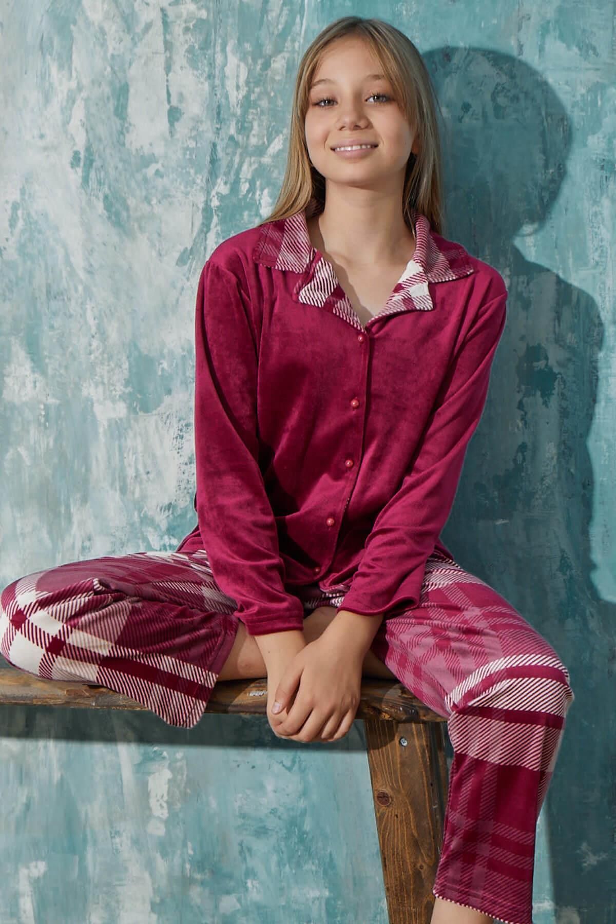 Pijamaevi Bordo Ekose Exclusive Önden Düğmeli Kadife Kız Çocuk Pijama Takımı