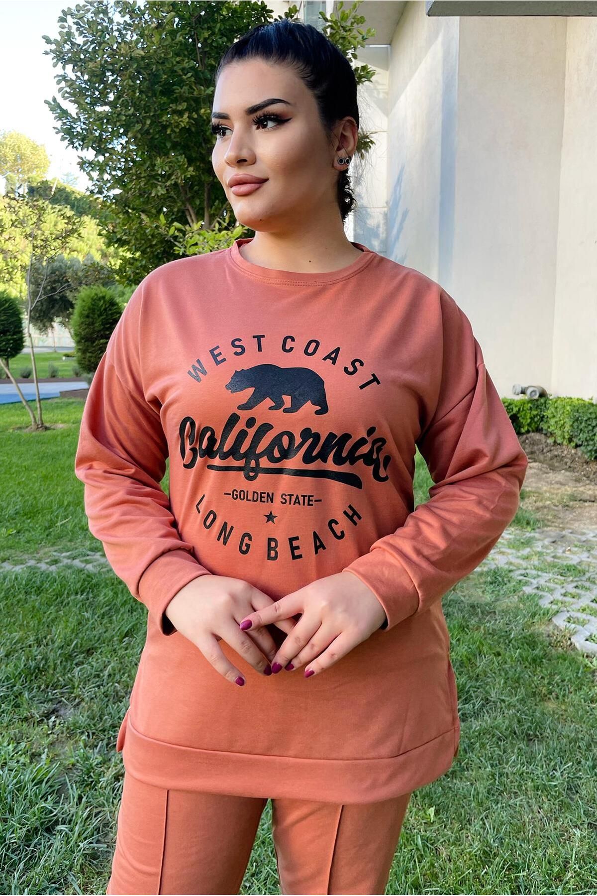 Siyezen Büyük Beden California Baskılı Yanları Yırtmaçlı Sweatshirt Kiremit