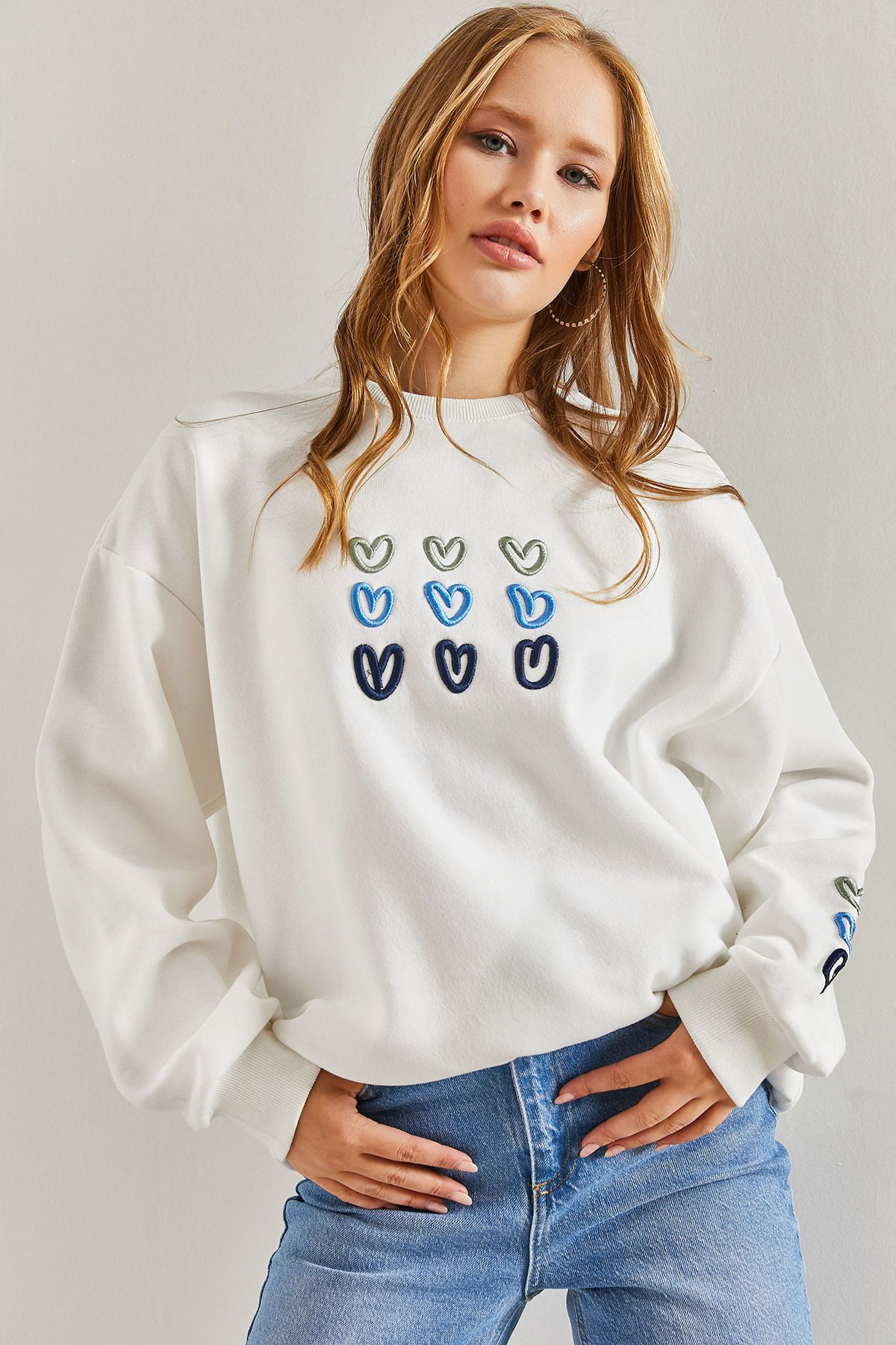 Bianco Lucci Kadın Üç İplik Şardonlu Kalp Baskılı Sweatshirt