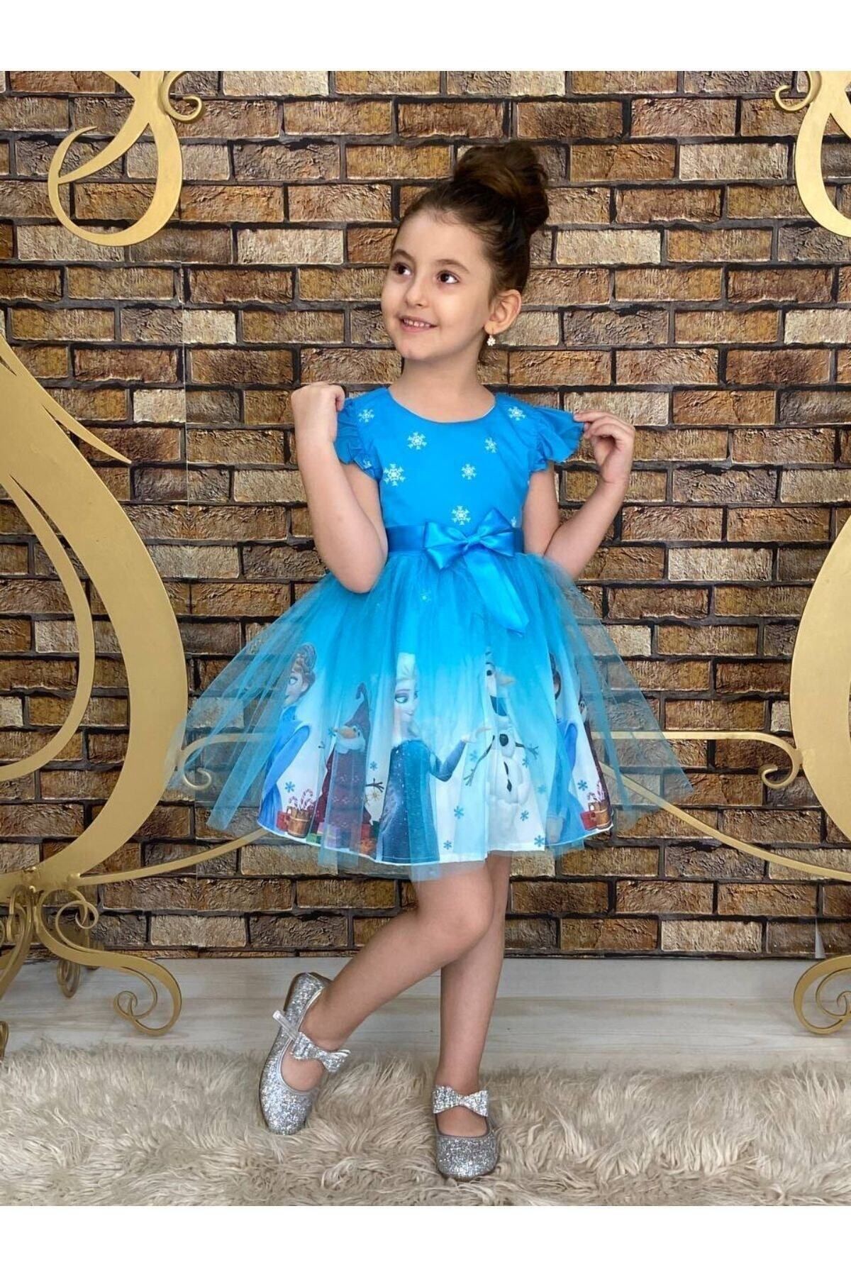 Neşeli Bebe Kız Çocuk Frozen Elsa Mavi Elbise