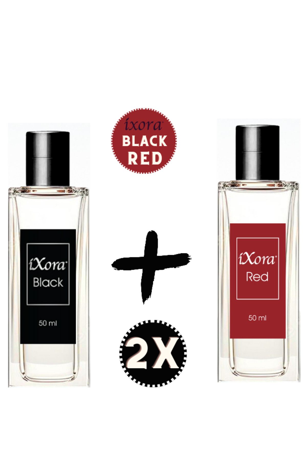 Ixora Erkek Black Parfüm 50 ml Kadın Red Parfüm 50 ml 2li Hediye Seti