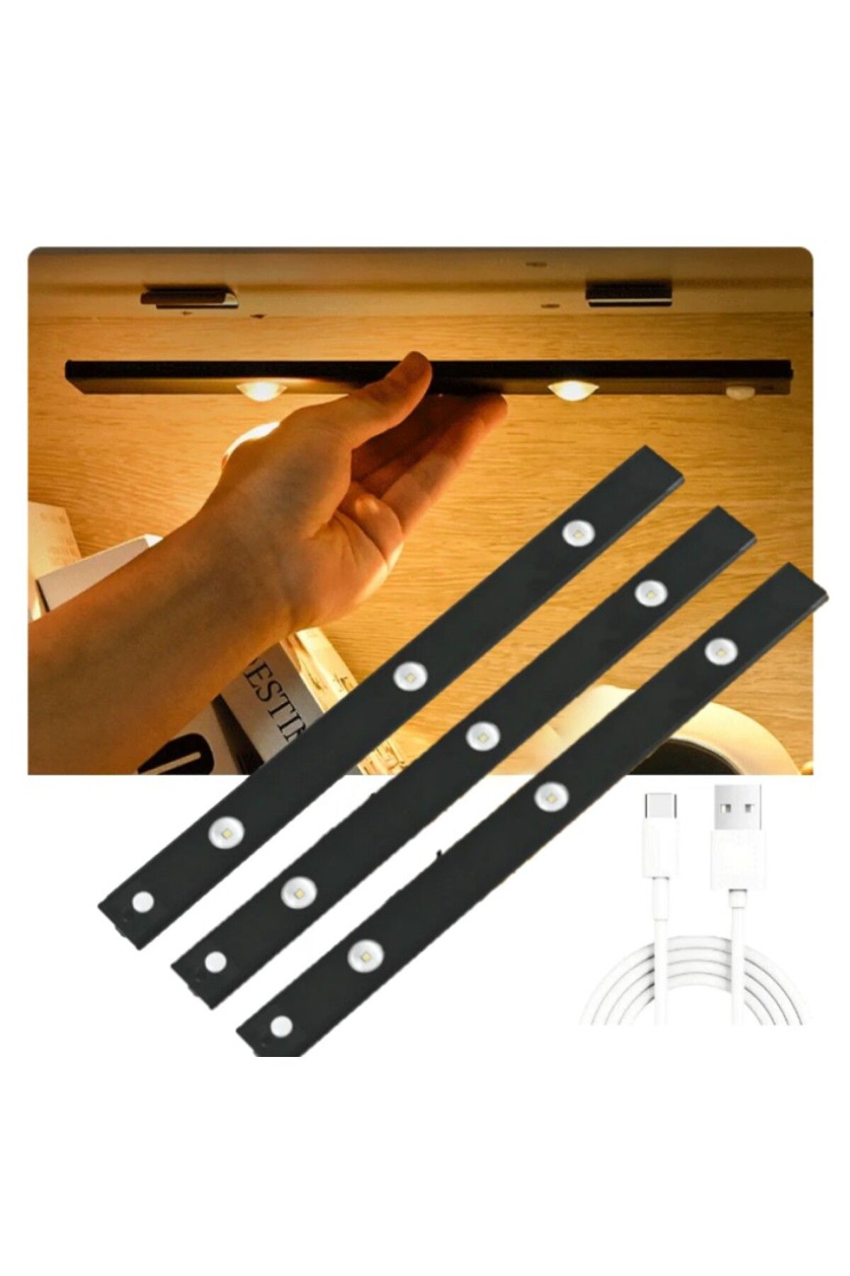 RRULTECH 3 Adet 40cm Insan Vücudu Sensörlü Usb Sarj Taşınabilir Kablosuz Mutfak Elbise Dolabı Merdiven Led