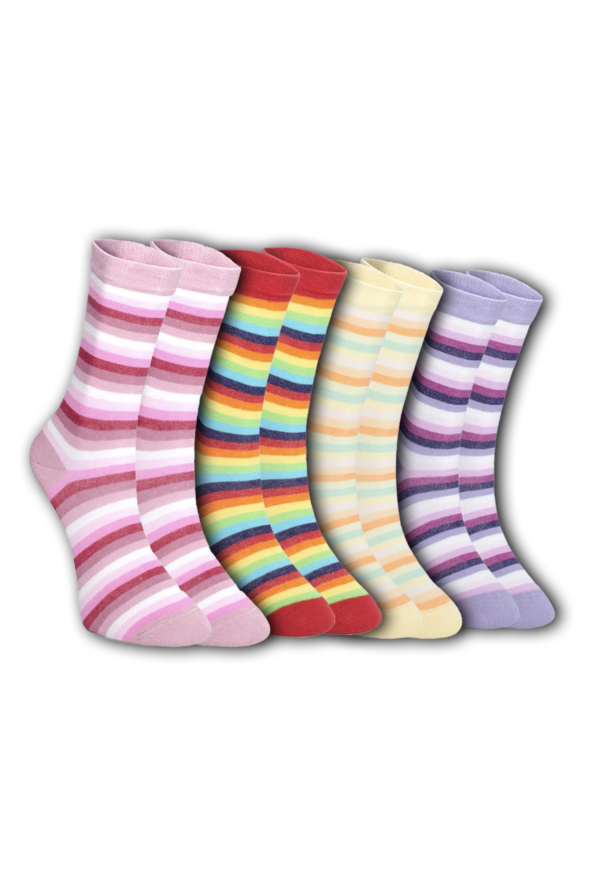 Dündar Çorap 4'lü Pamuklu Çizgili Kadın Soket Çorap Karışık Renk
