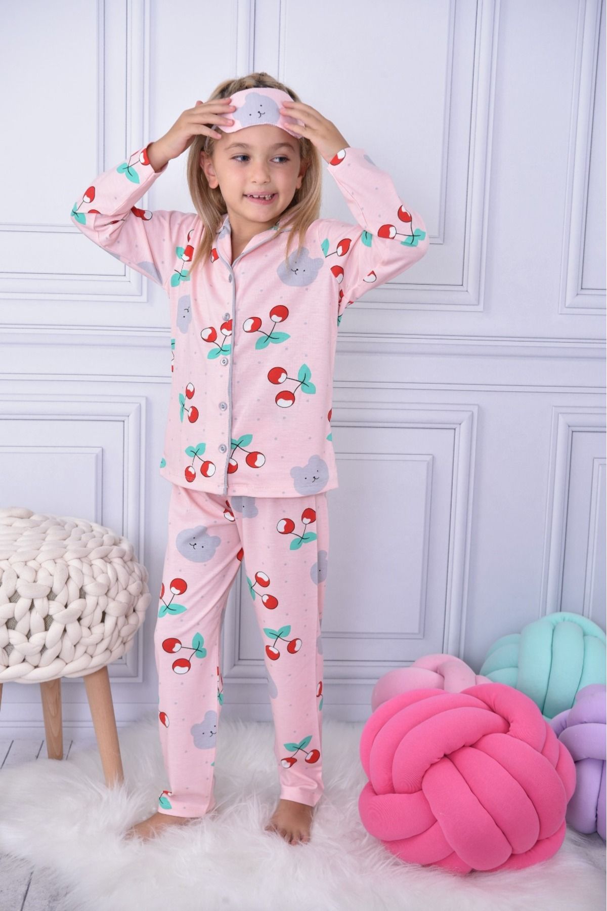 ARCAN Kız Çocuk Kirazlı Pijama Takımı - Beden Tablosu Resimlerde Mevcuttur