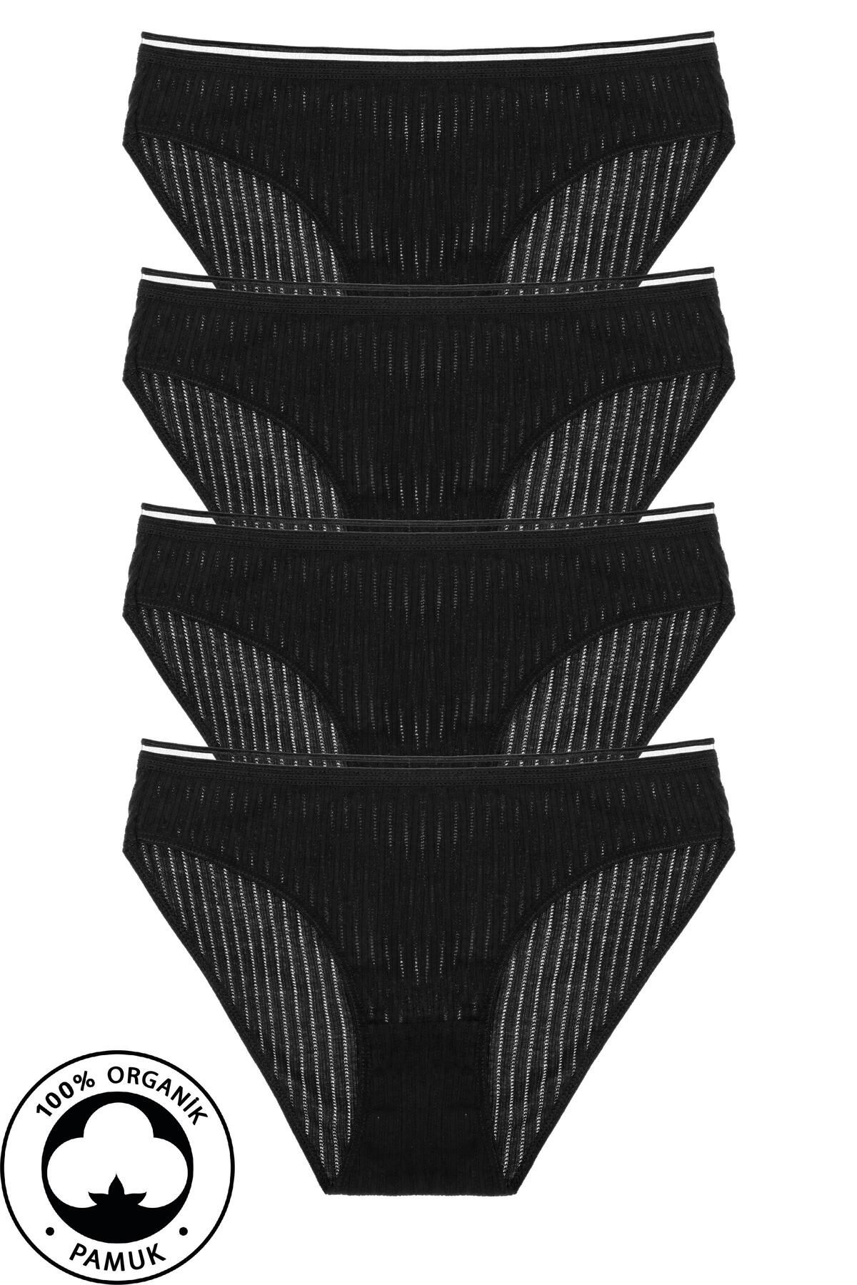 Humaone 4'lü Paket %100 Pamuk Zincir Dikişli Nefes Alan Kumaş Bikini Kesim Külot Siyah