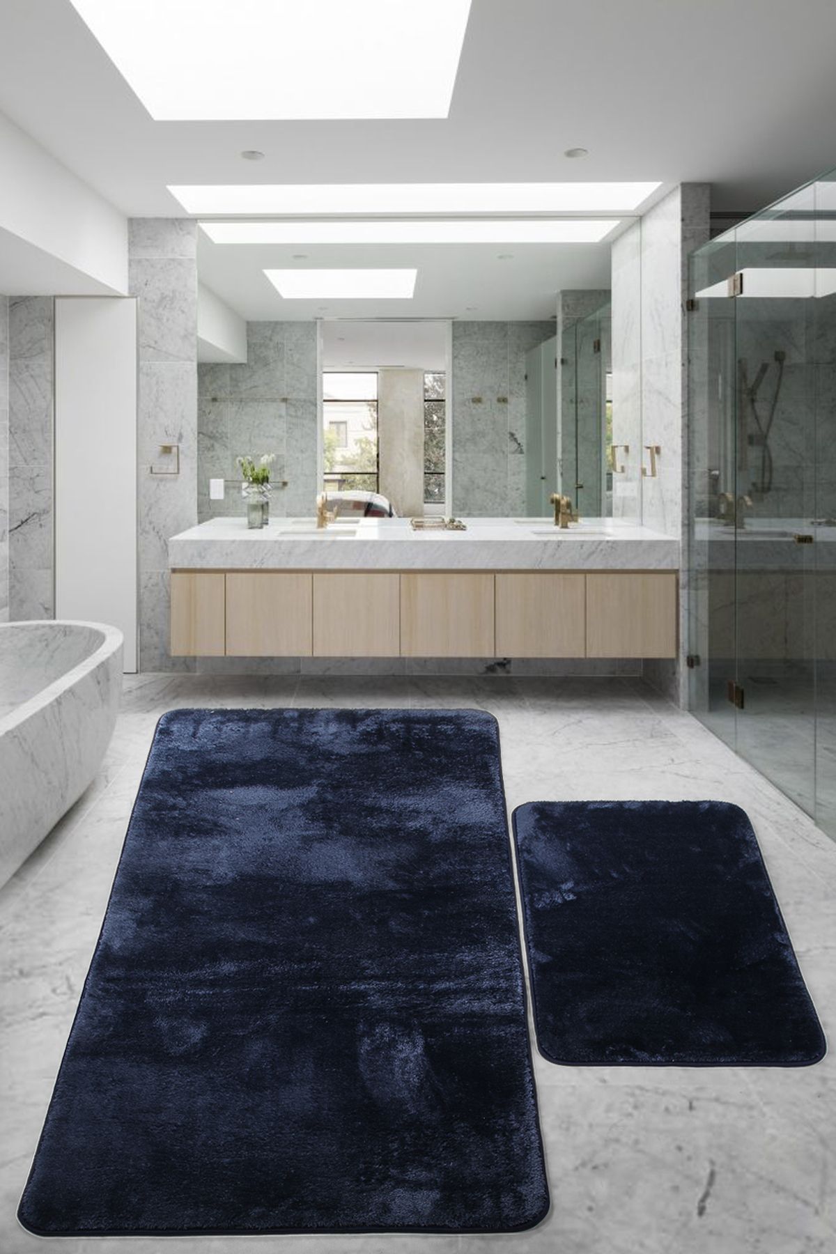 Saroni Relax Lacivert Leke Tutmaz Yıkanabilir Kaymaz Taban Modern Yumuşak Lüks Banyo Takımı 80x150 & 50x80