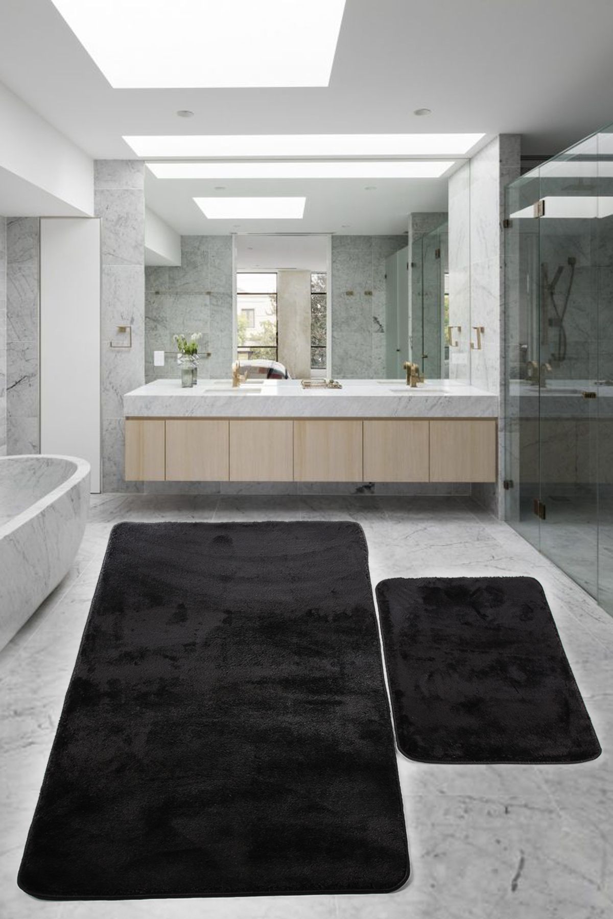 Saroni Relax Siyah Leke Tutmaz Yıkanabilir Kaymaz Taban Modern Yumuşak Lüks Banyo Takımı 80x150 & 50x80