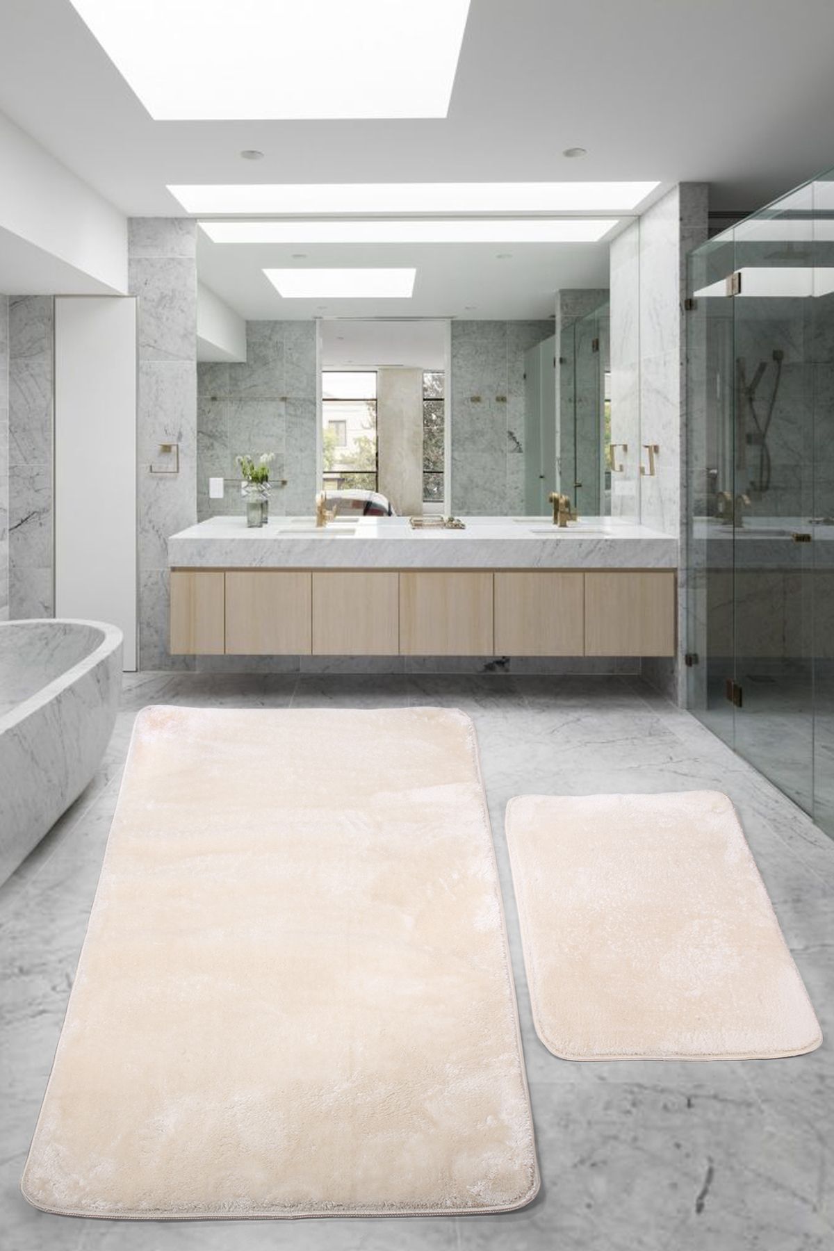 Saroni Relax Krem Leke Tutmaz Yıkanabilir Kaymaz Taban Modern Yumuşak Lüks Banyo Takımı 80x150 & 50x80