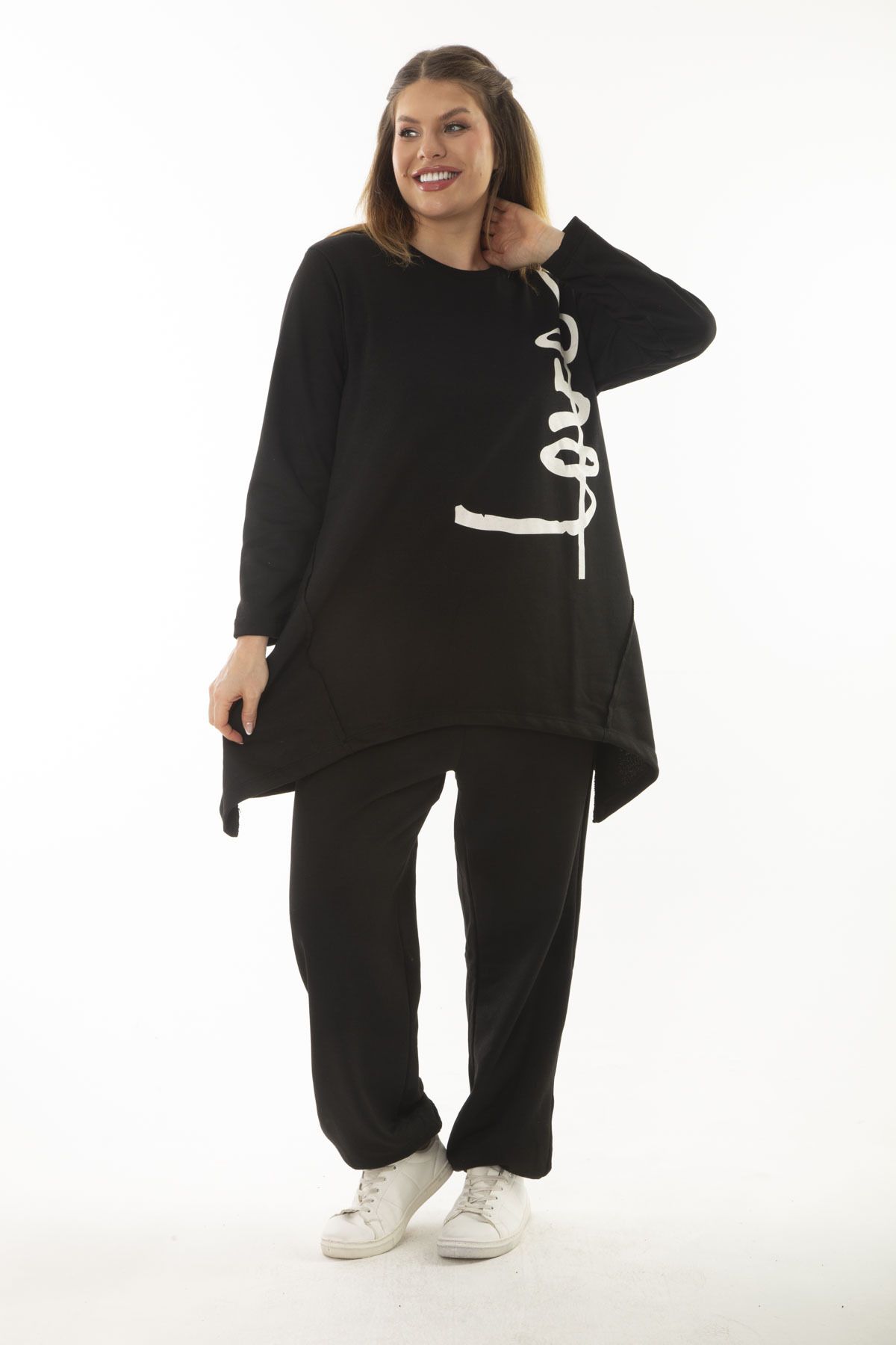 Şans Kadın Büyük Beden Siyah Kup Ve Baskı Detaylı Sweatshirt Pantolon İkili Eşofman Takım 65N37002