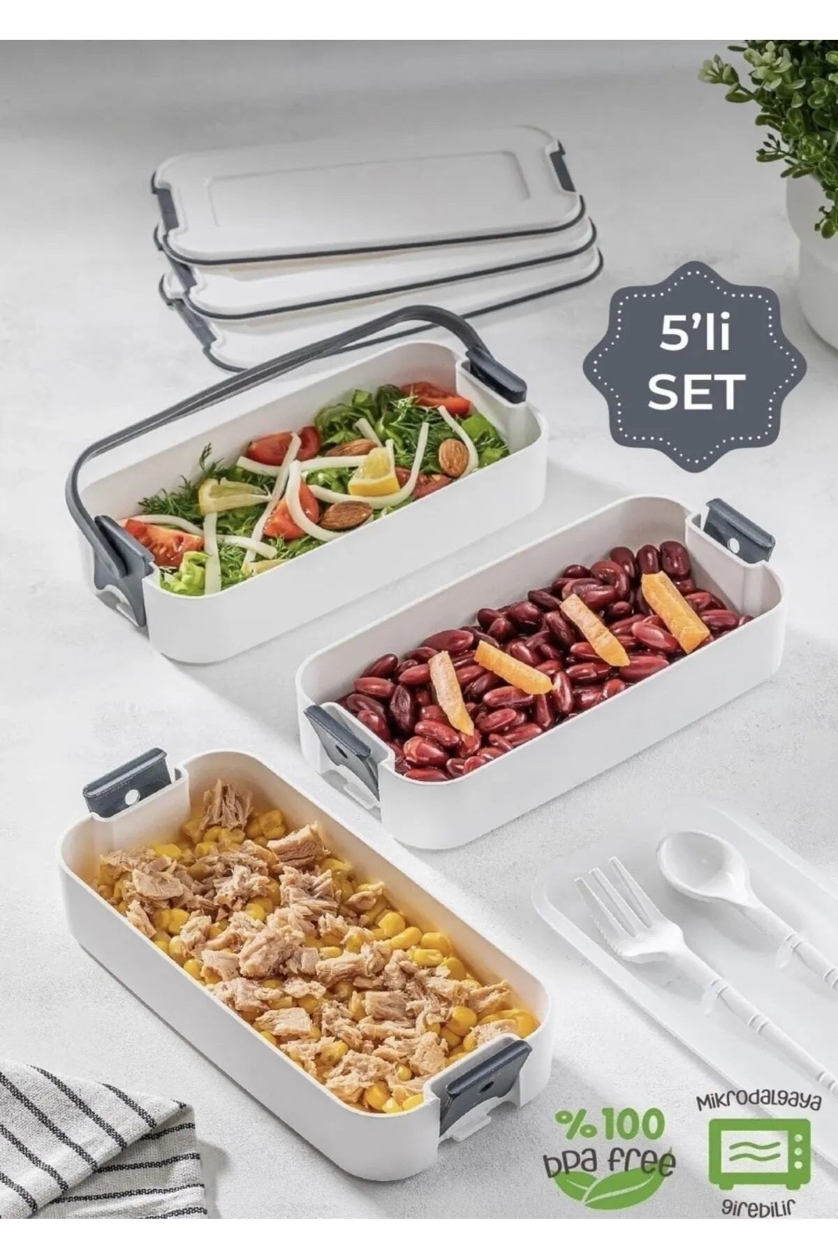 Pazarika 3 Katlı Taşınabilir Yemek Kabı – Lunch Box Diyet Beslenme Kutusu Saklama Kabı Çatal Kaşıklı Gri