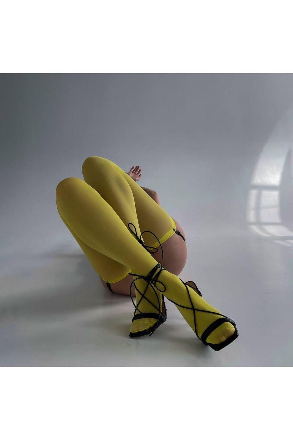 Asel Sarı Renkli Diz Üstü Fantezi Jartiyer Çorabı
