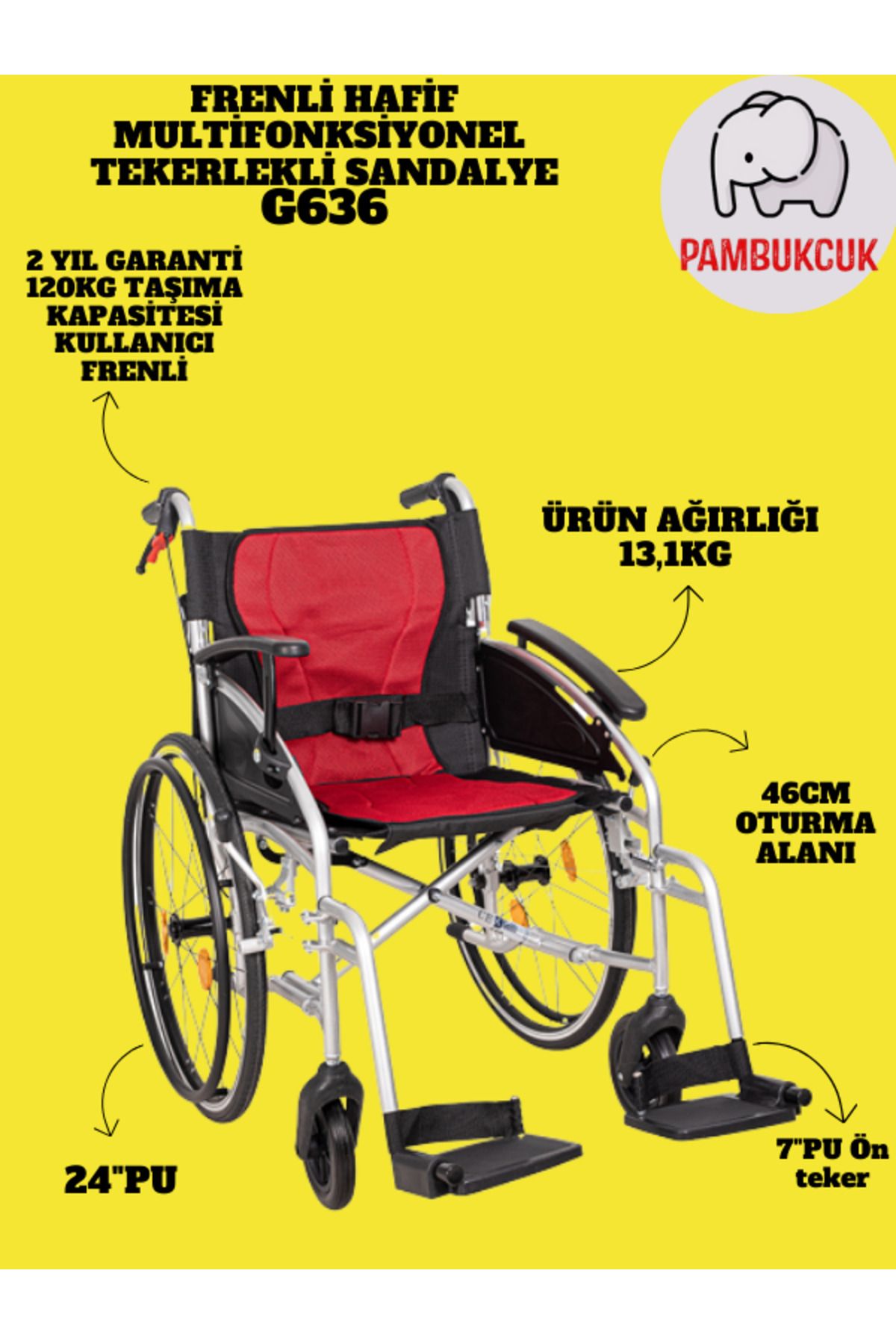 pambukcuk Refakatçi Frenli Katlanabilir Hafif Aliminyum Tekerlekli Sandalye G636