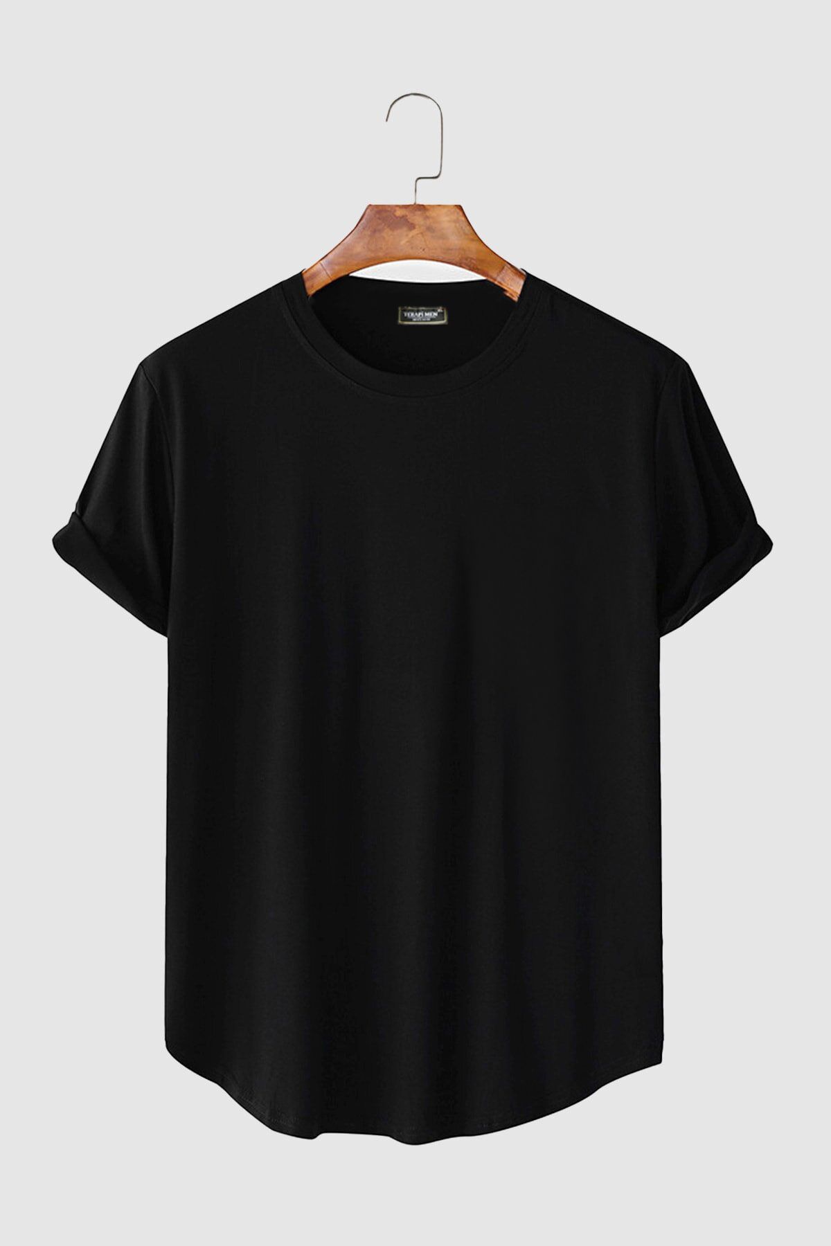 VEAVEN Erkek Siyah Kolları Katlı Oval Kesim Cepsiz Bisiklet Yaka T-shirt Vavn306-0000005-1