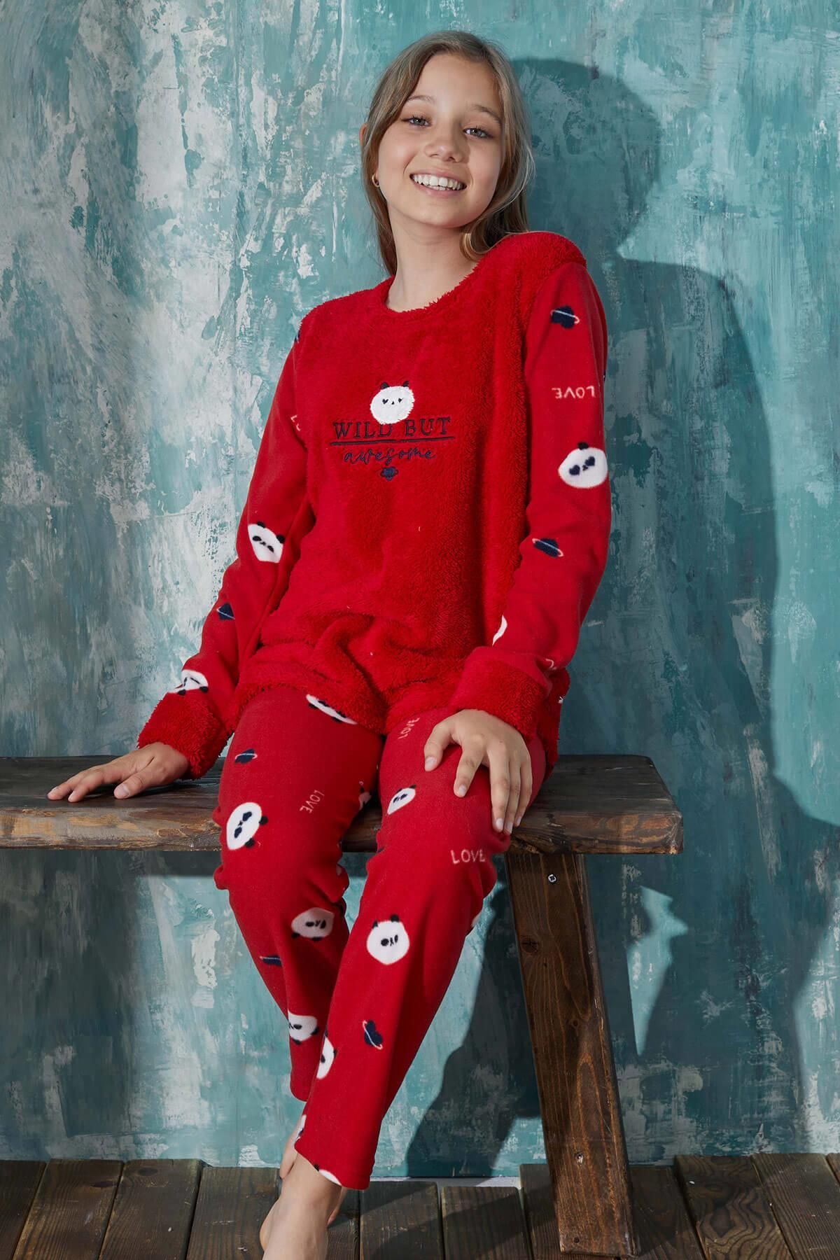 Pijamaevi Kırmızı Wild But Desenli Kız Çocuk Peluş Pijama Takımı