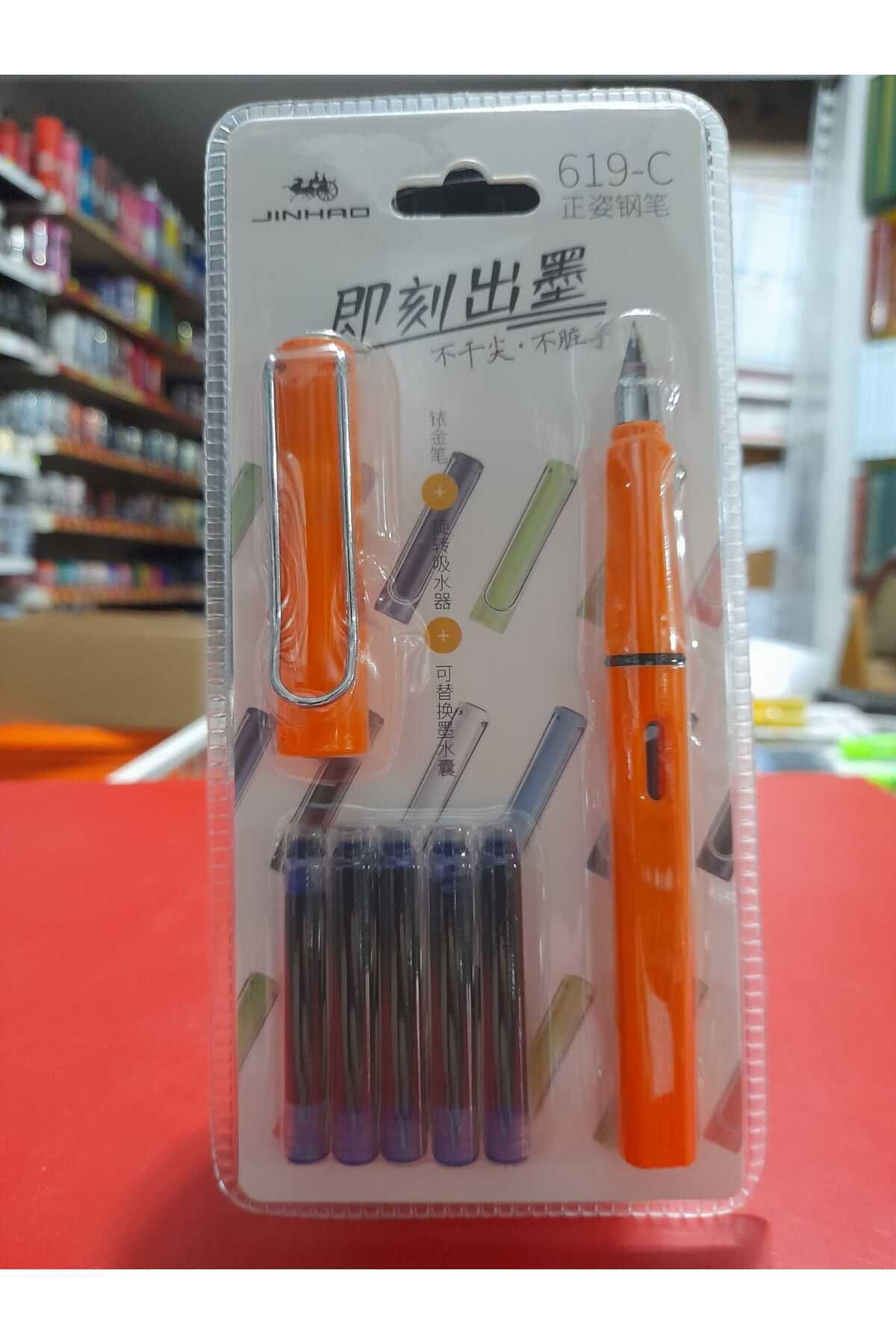 jinhao dolma kalem seti OPAK GÖVDE TURUNCU renk (F) 0,60mm uç kalem+5 kartuş sert plastik gövde