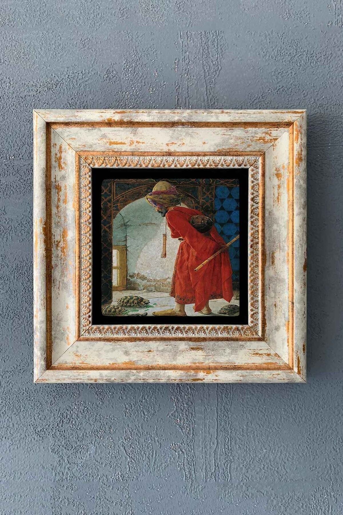 Oscar Stone Decor Kaplumbağa Terbiyecisi Osman Hamdi Bey Çerçeveli Taş Tablo 20x20 Cm