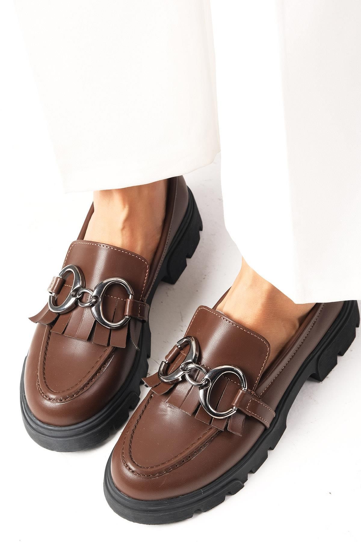Mio Gusto Suzi Kahverengi Kalın Tabanlı Kadın Loafer Ayakkabı