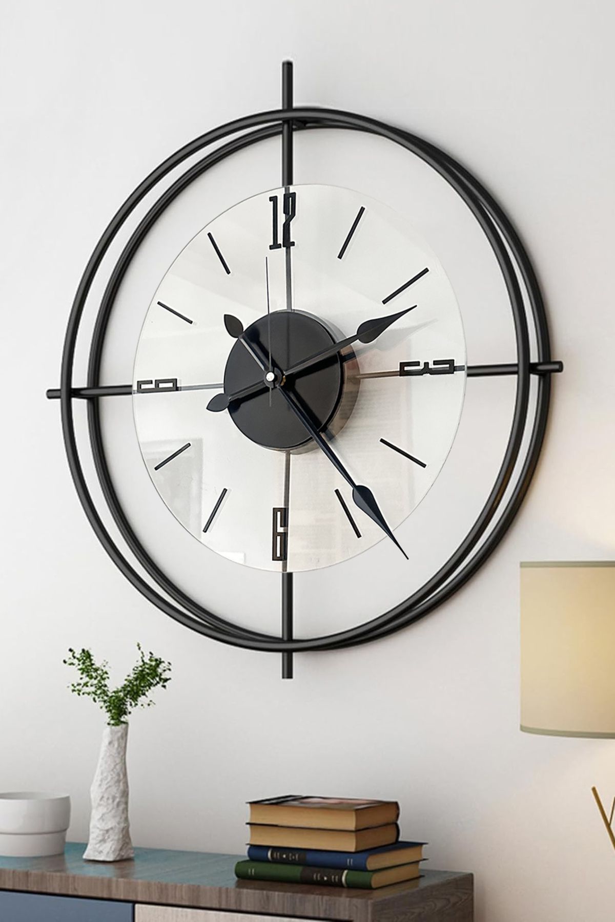 AGA KONSEPT Siyah Deluxe Şeffaf Cam İskandinav 60 cm Modern Duvar Saati