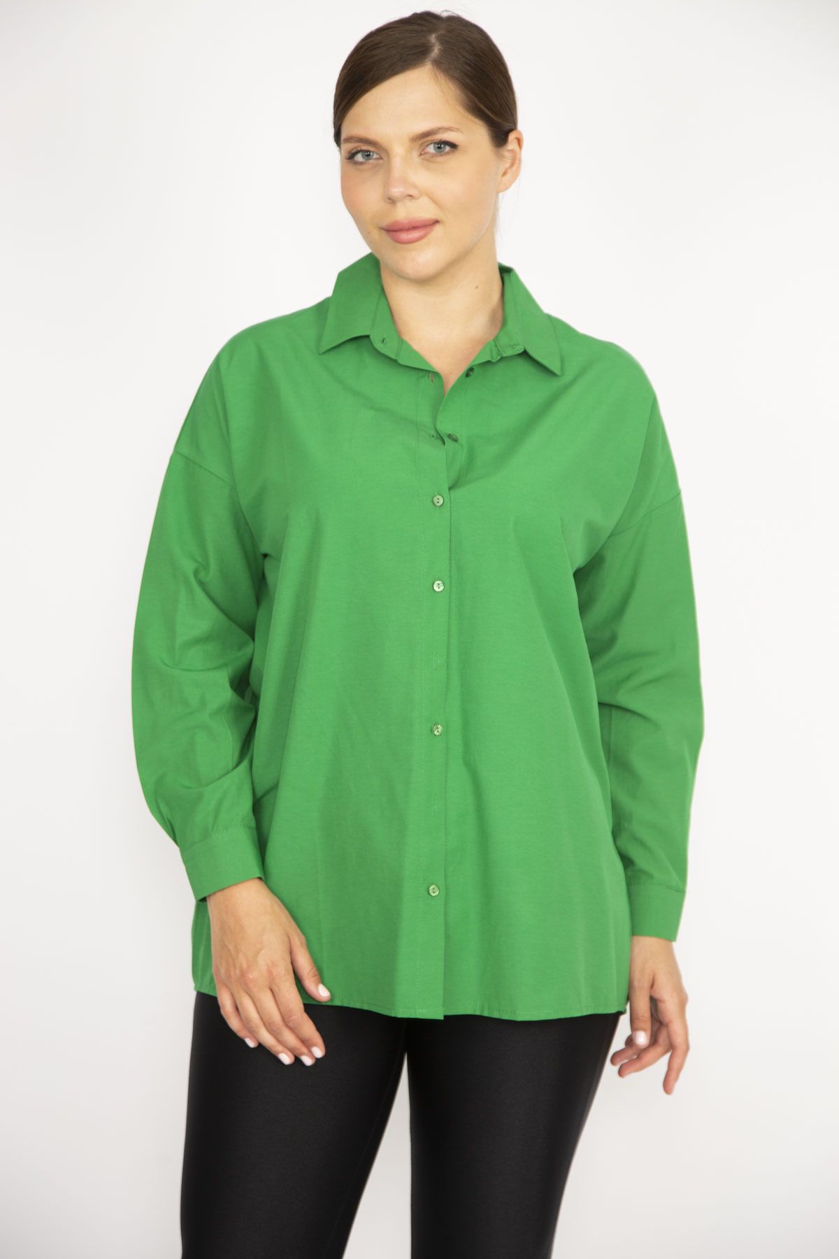 Şans Kadın Büyük Beden Yeşil Ön Düğmeli Uzun Kollu Gömlek 65N37037