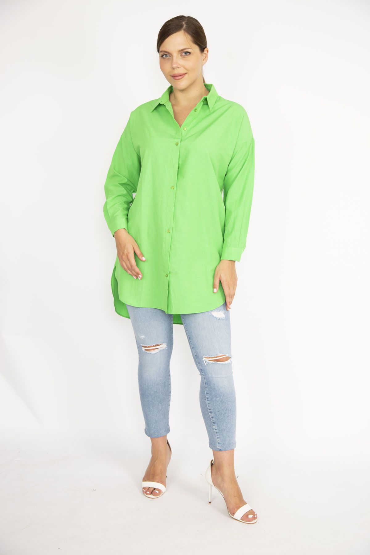 Şans Kadın Büyük Beden Yeşil Ön Düğmeli Uzun Kollu Gömlek 65N37038