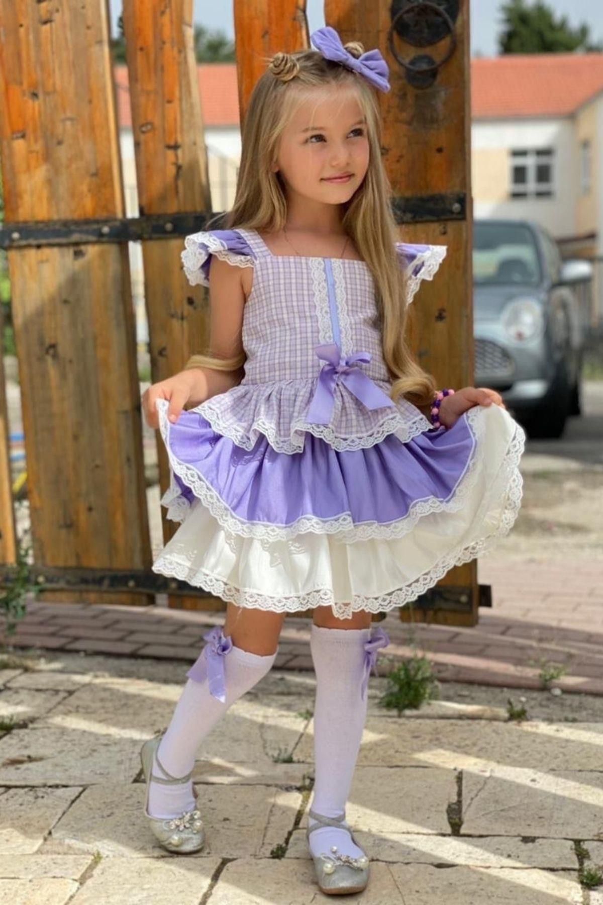 Riccotarz Kız Çocuk Ekose Desen Omzu ve Kol Uçları Güpür İşlmeli Lila Elbise