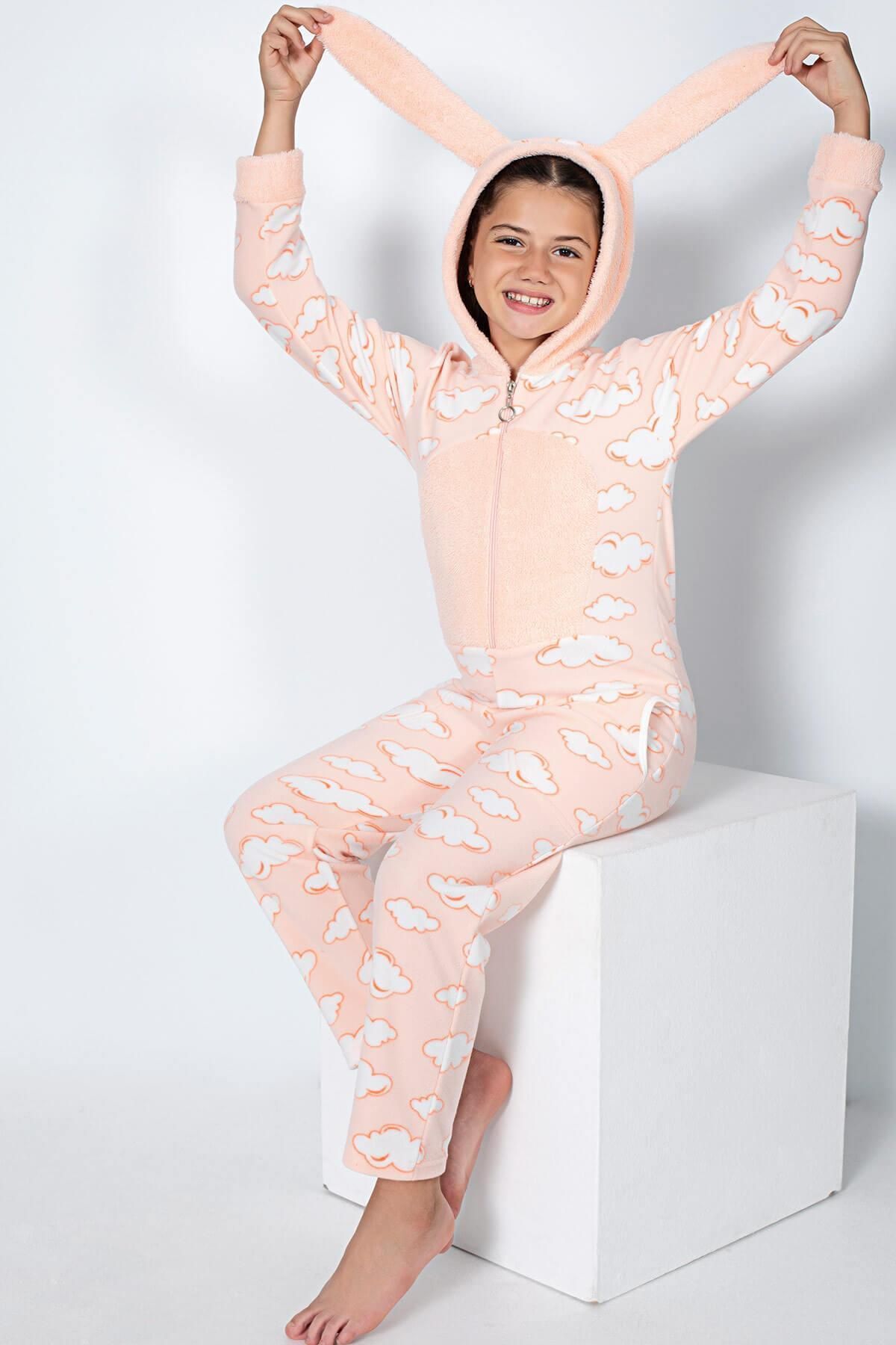 Pijamaevi Somon Bulut Desenli Kız Çocuk Polar Peluş Tulum Pijama