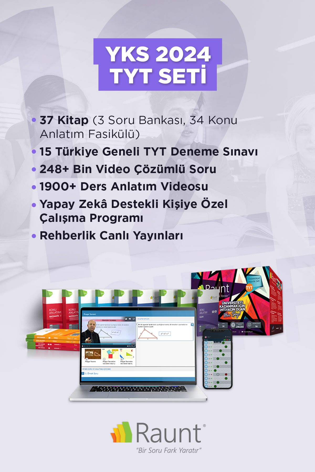 Raunt YKS 2024 TYT (38 Kitap,  Mobil/Web) Yapay Zekalı, Üniversiteye Hazırlık Seti