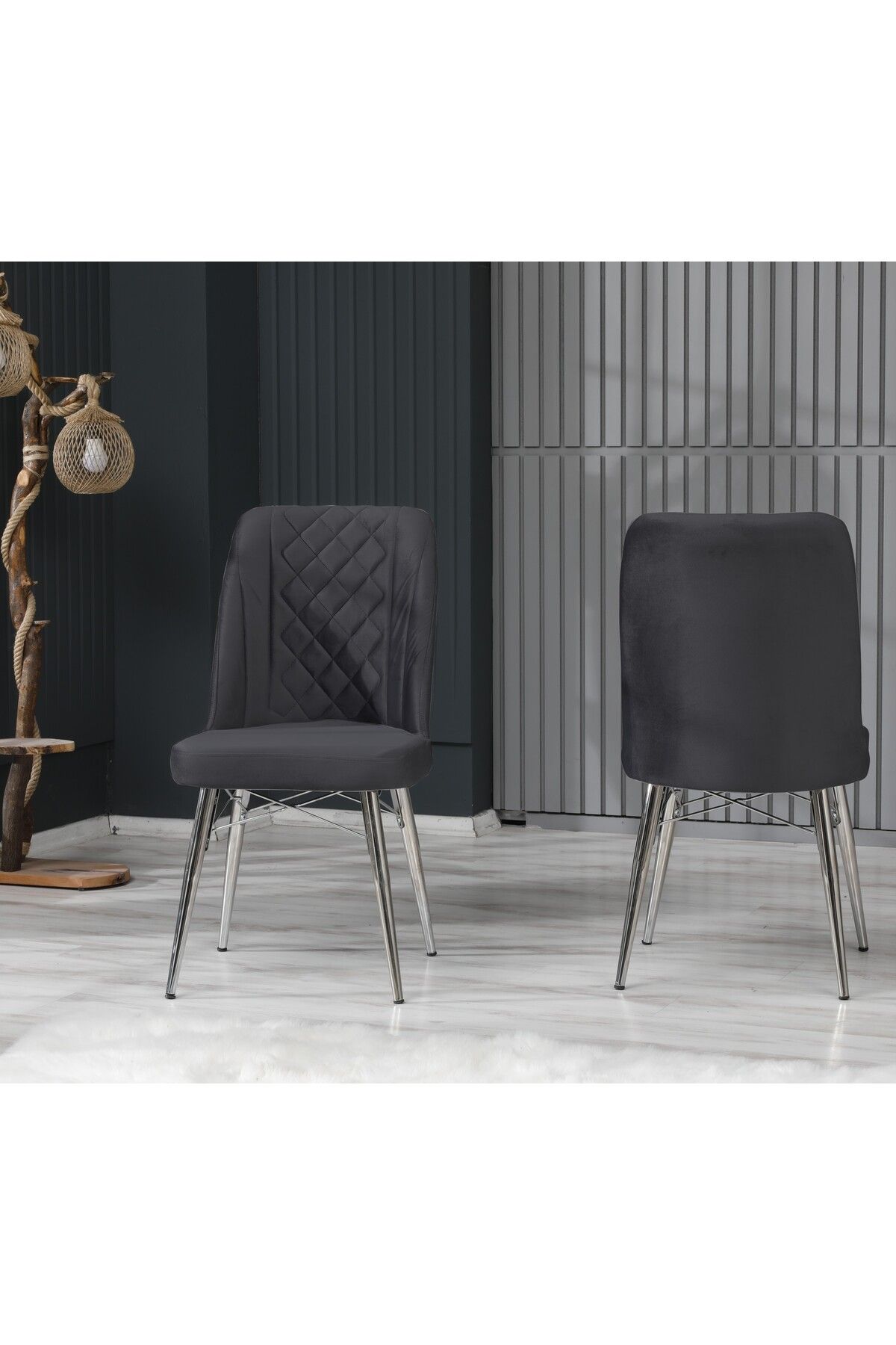 EZU Salon Mutfak Sandalyeleri Seher Kaputaneli Antrasit Silver Ayaklı