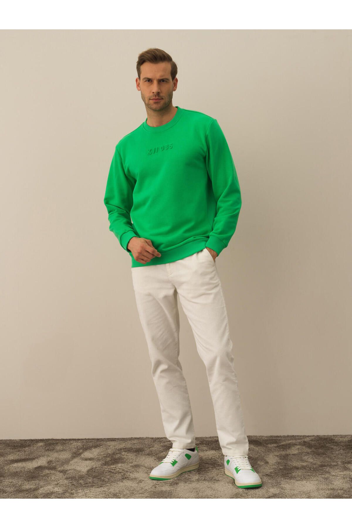 Xint Erkek Yeşil Pamuklu Regular Fit Gofre Baskılı Sweatshirt