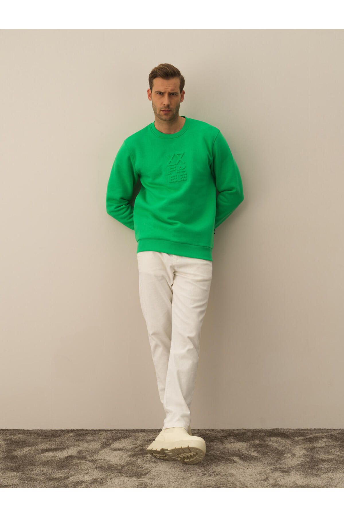 Xint Erkek Yeşil Pamuklu Regular Fit Gofre Baskılı Sweatshirt