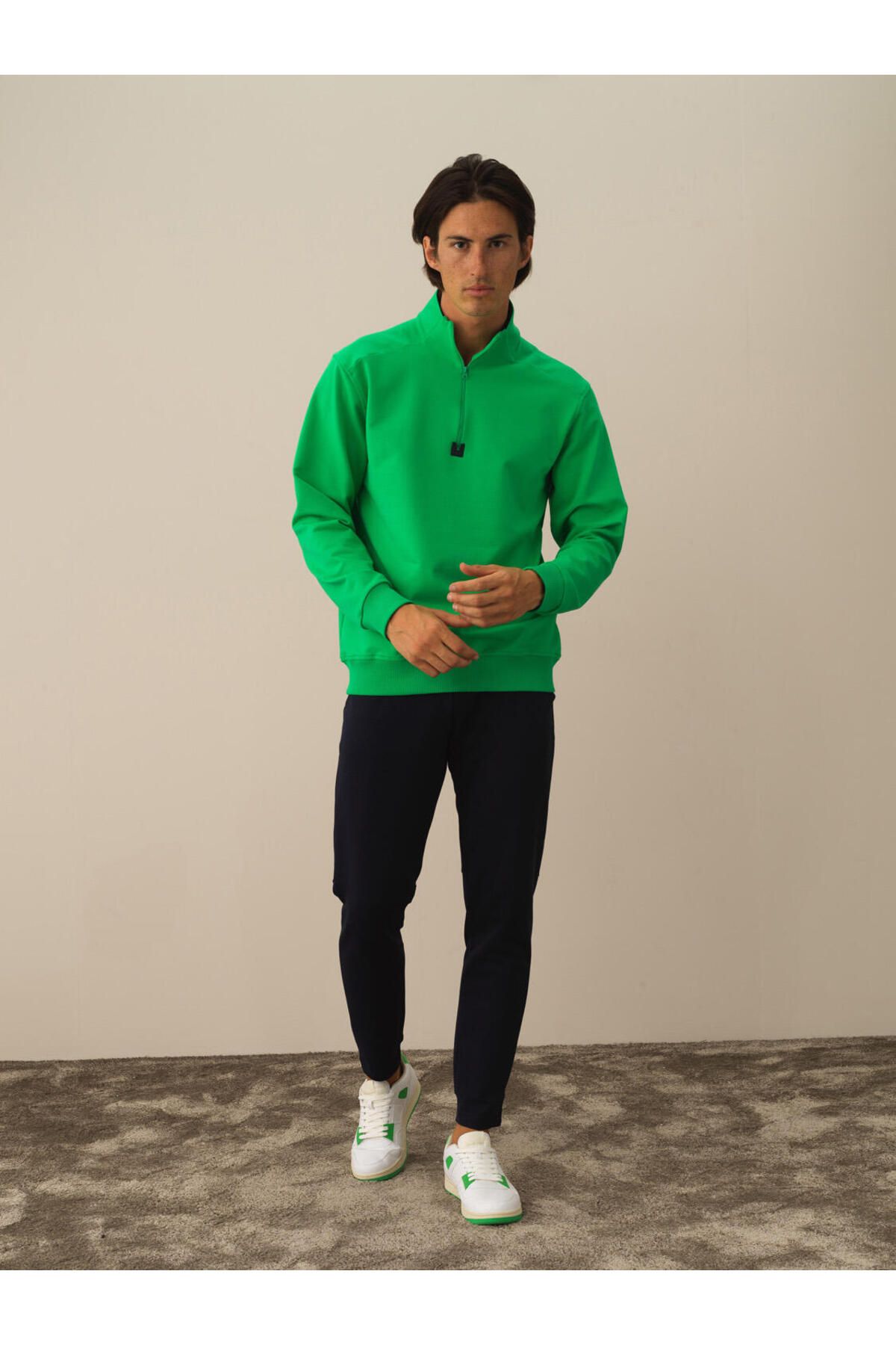 Xint Erkek Yeşil Pamuklu Yarım Fermuarlı Regular Fit Sweatshirt