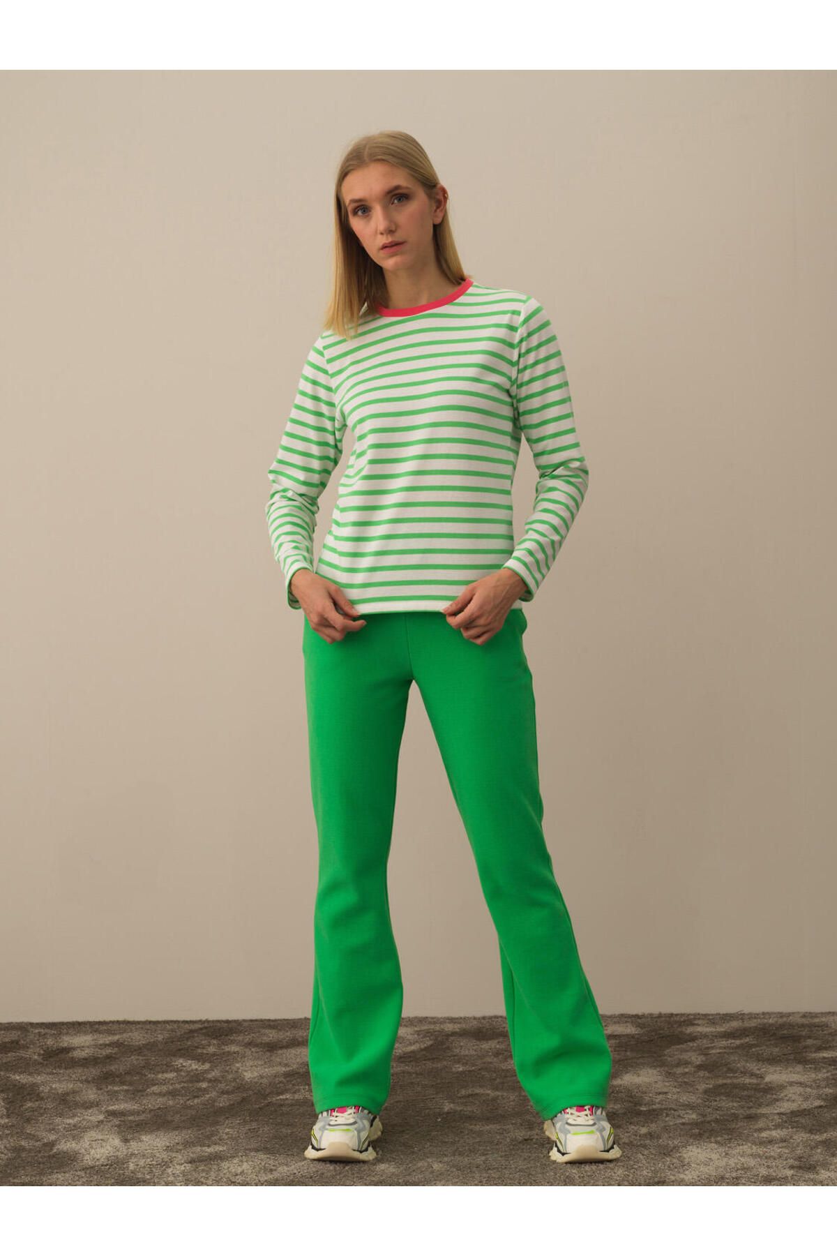 Xint Kadın Yeşil %100 Pamuk Regular Fit Çizgili Tişört