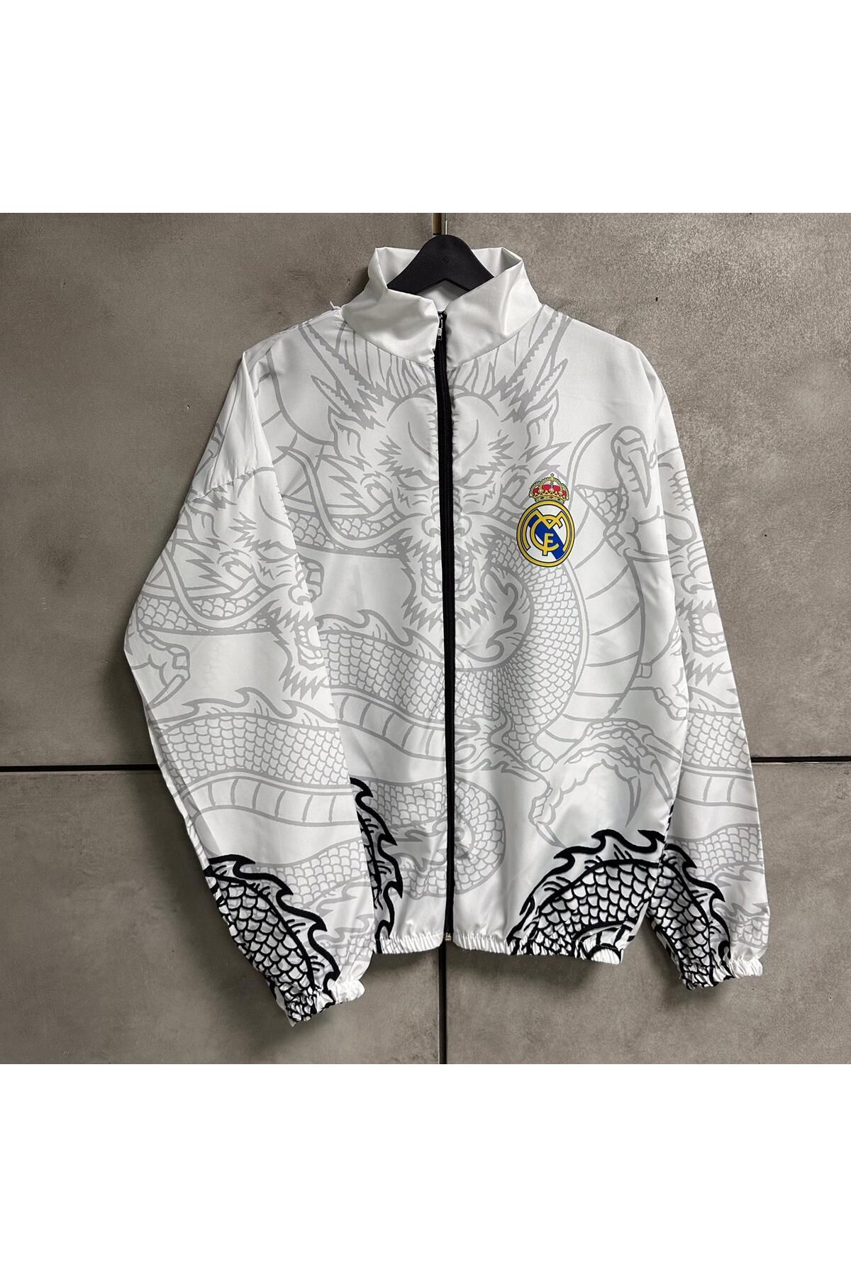 Moda Santiago Unisex Beyaz Real Madrid Fc Desenli Yağmurluk
